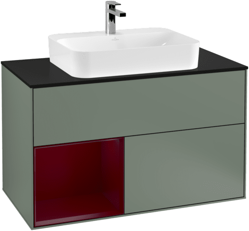 Obrázek VILLEROY BOCH Finion Vanity unit, with lighting, 2 pull-out compartments, 1000 x 603 x 501 mm, Olive Matt Lacquer / Peony Matt Lacquer / Glass Black Matt #G362HBGM