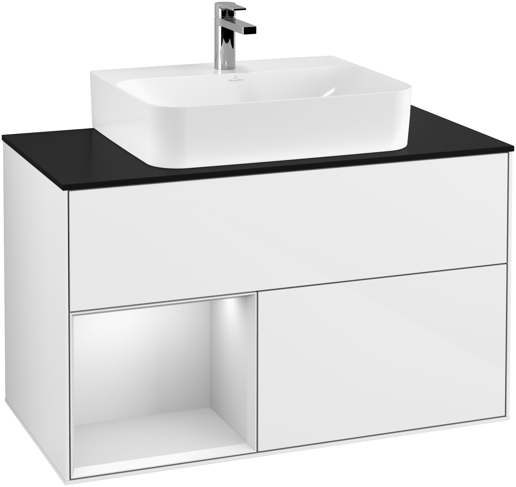 Bild von VILLEROY BOCH Finion Waschbeckenunterschrank, mit Beleuchtung, 2 Auszüge, 1000 x 603 x 501 mm, Glossy White Lacquer / White Matt Lacquer / Glass Black Matt #G112MTGF