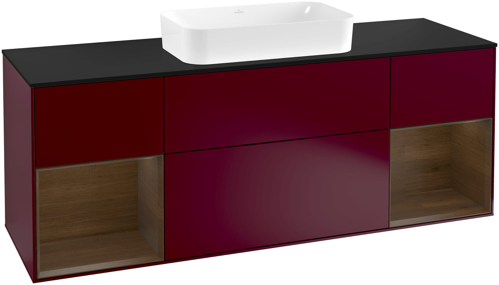 Bild von VILLEROY BOCH Finion Waschbeckenunterschrank, mit Beleuchtung, 4 Auszüge, 1600 x 603 x 501 mm, Peony Matt Lacquer / Walnut Veneer / Glass Black Matt #G332GNHB