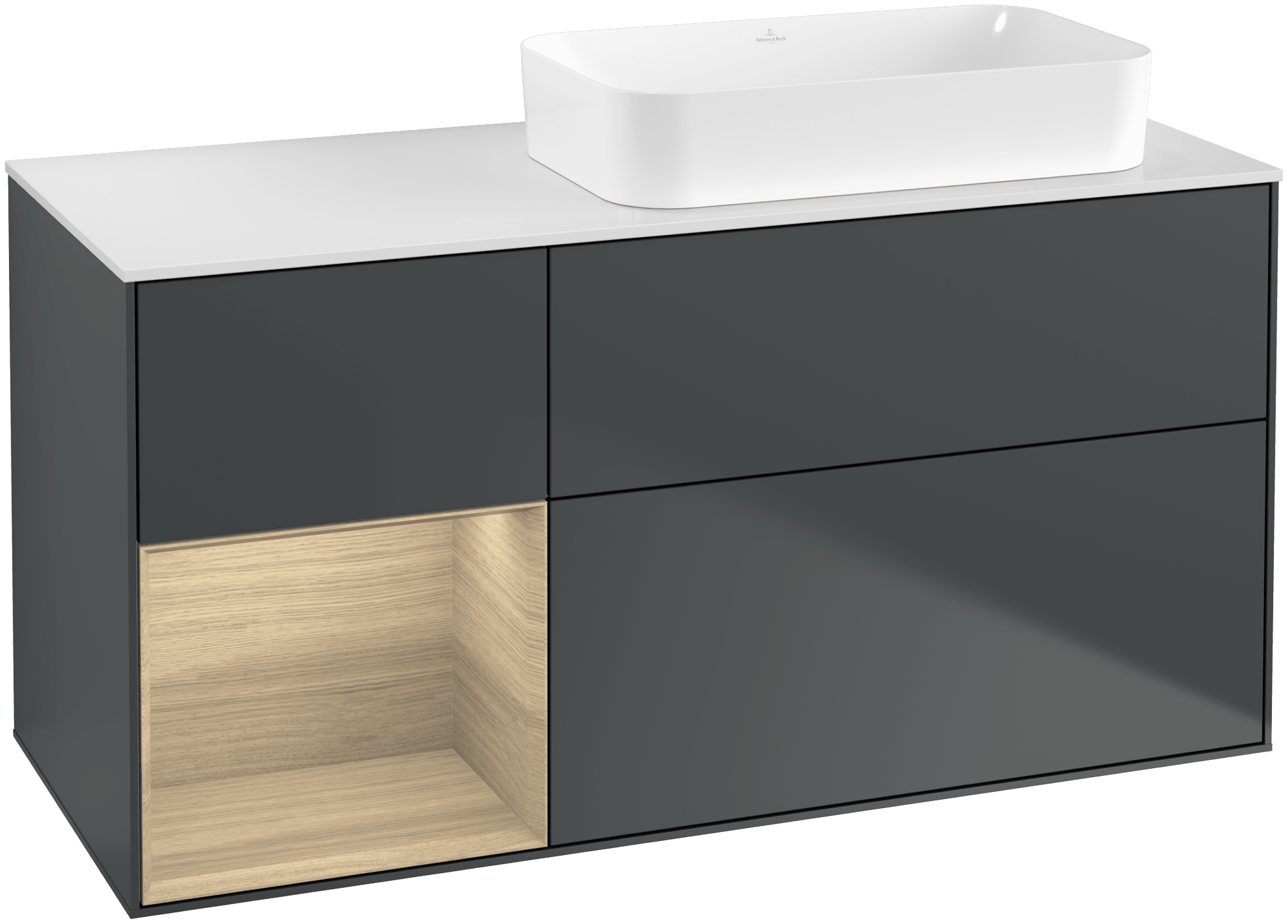 Bild von VILLEROY BOCH Finion Waschbeckenunterschrank, mit Beleuchtung, 3 Auszüge, 1200 x 603 x 501 mm, Midnight Blue Matt Lacquer / Oak Veneer / Glass White Matt #G681PCHG