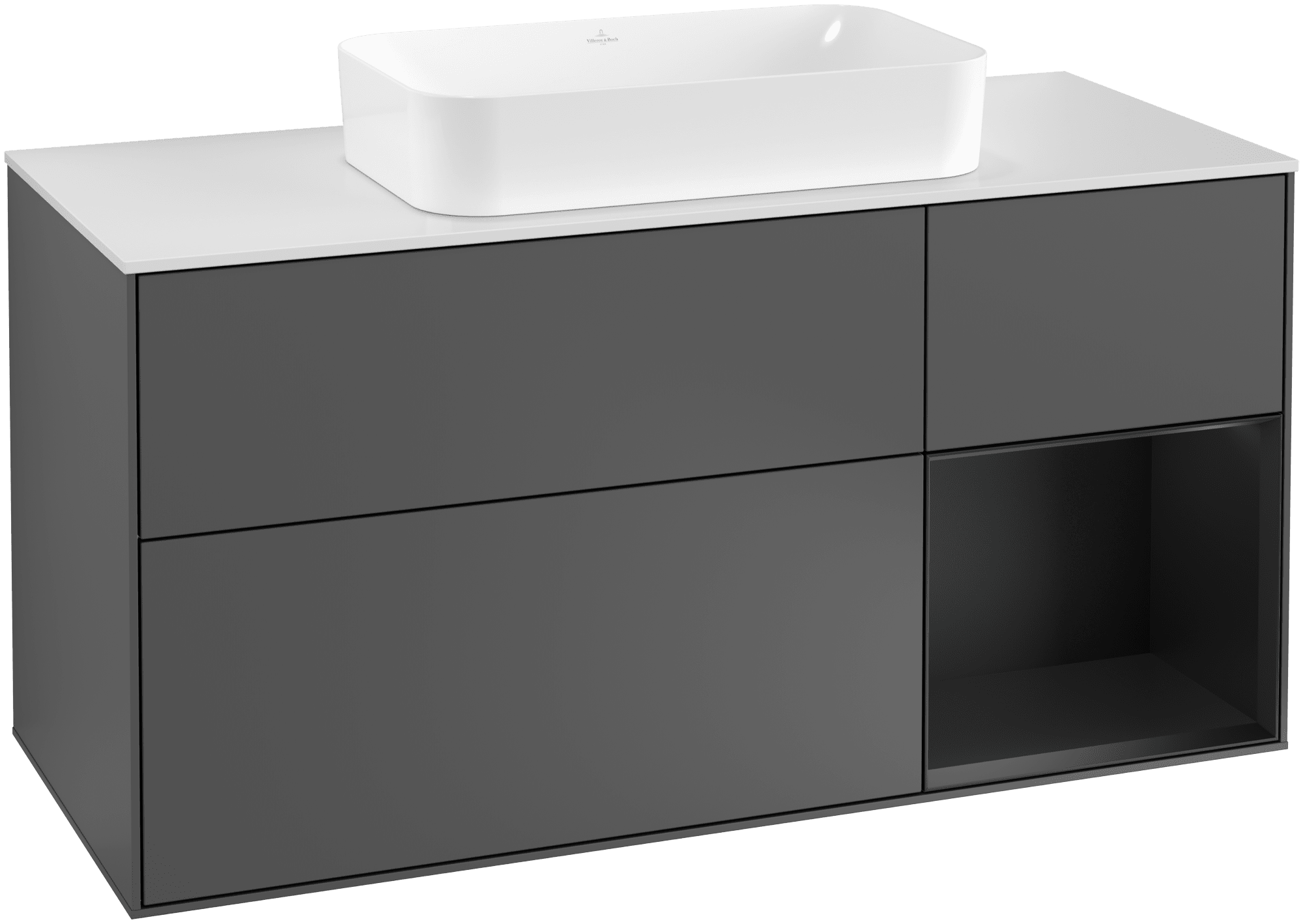 Bild von VILLEROY BOCH Finion Waschbeckenunterschrank, mit Beleuchtung, 3 Auszüge, 1200 x 603 x 501 mm, Anthracite Matt Lacquer / Black Matt Lacquer / Glass White Matt #G301PDGK
