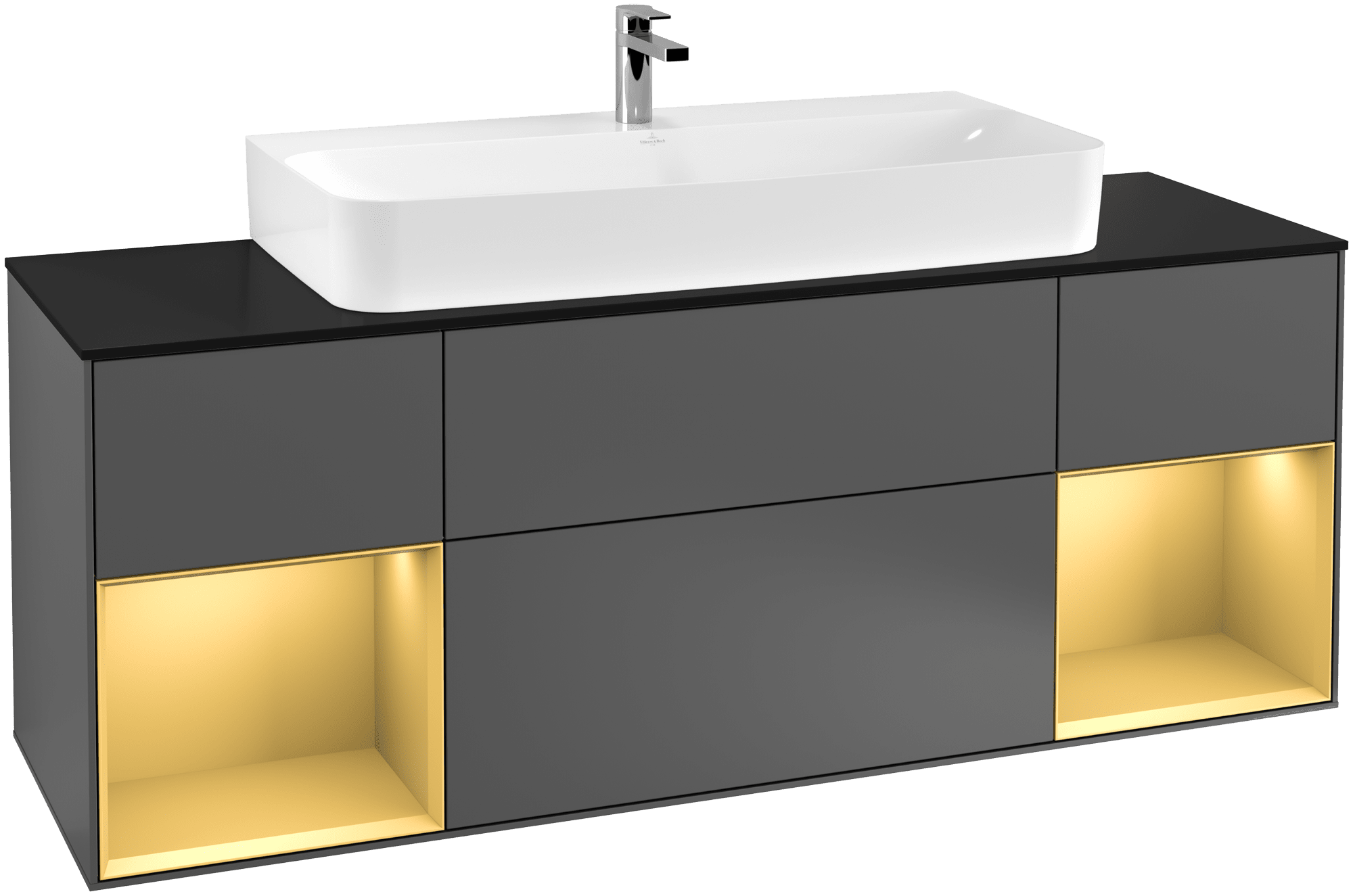 Bild von VILLEROY BOCH Finion Waschbeckenunterschrank, mit Beleuchtung, 4 Auszüge, 1600 x 603 x 501 mm, Anthracite Matt Lacquer / Gold Matt Lacquer / Glass Black Matt #G212HFGK