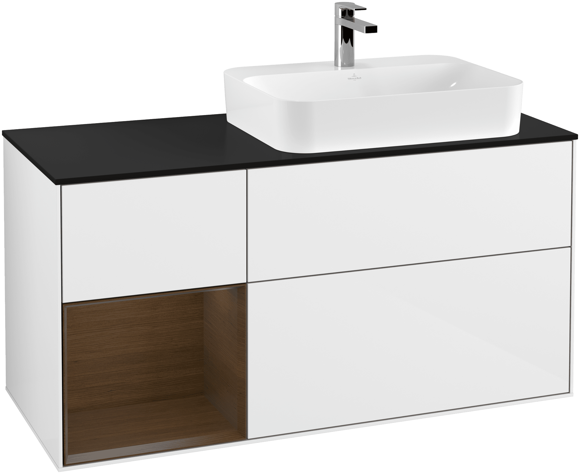 Bild von VILLEROY BOCH Finion Waschbeckenunterschrank, mit Beleuchtung, 3 Auszüge, 1200 x 603 x 501 mm, Glossy White Lacquer / Walnut Veneer / Glass Black Matt #G392GNGF