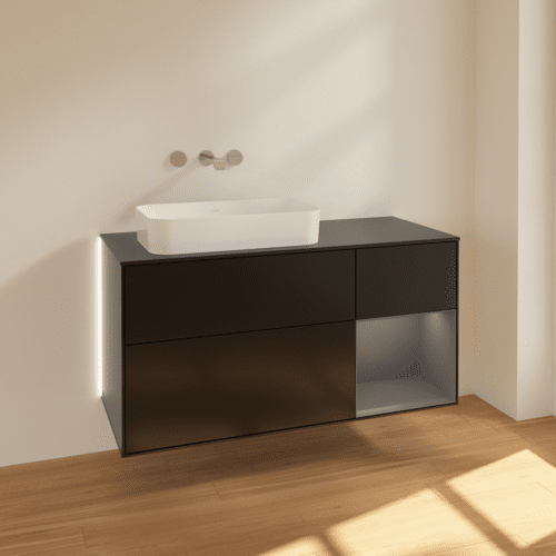 Picture of VILLEROY BOCH Finion Vanity unit, with lighting, 3 pull-out compartments, 1200 x 603 x 501 mm, Black Matt Lacquer / Anthracite Matt Lacquer / Glass Black Matt #G692GKPD