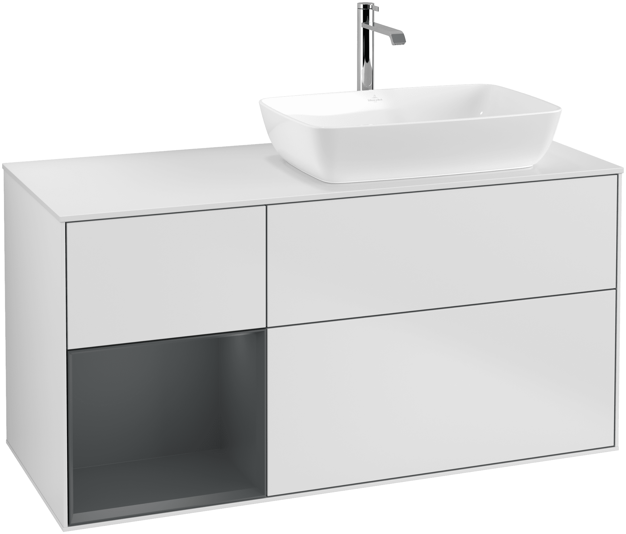 Obrázek VILLEROY BOCH Finion Vanity unit, with lighting, 3 pull-out compartments, 1200 x 603 x 501 mm, White Matt Lacquer / Midnight Blue Matt Lacquer / Glass White Matt #G801HGMT