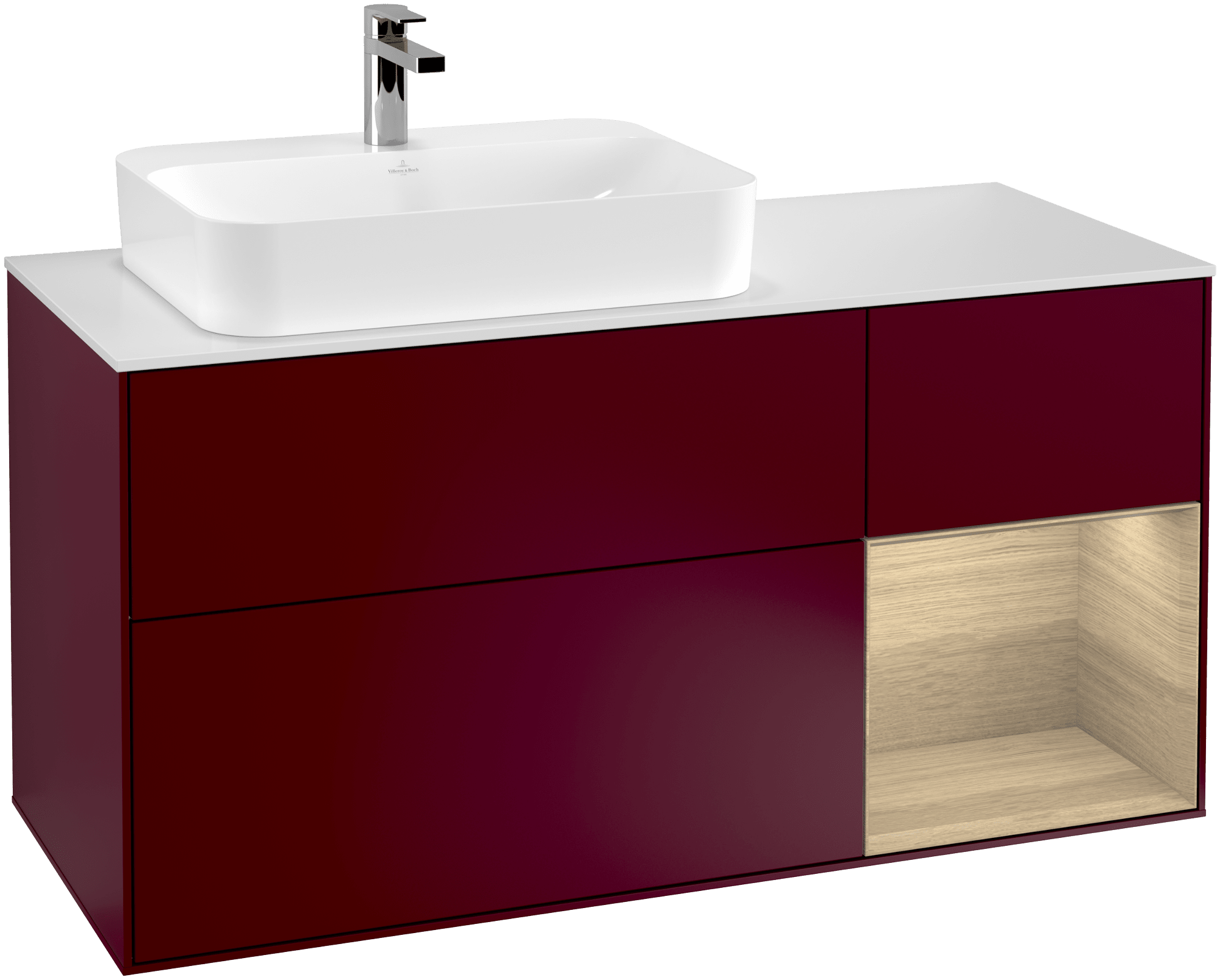 Bild von VILLEROY BOCH Finion Waschbeckenunterschrank, mit Beleuchtung, 3 Auszüge, 1200 x 603 x 501 mm, Peony Matt Lacquer / Oak Veneer / Glass White Matt #G401PCHB