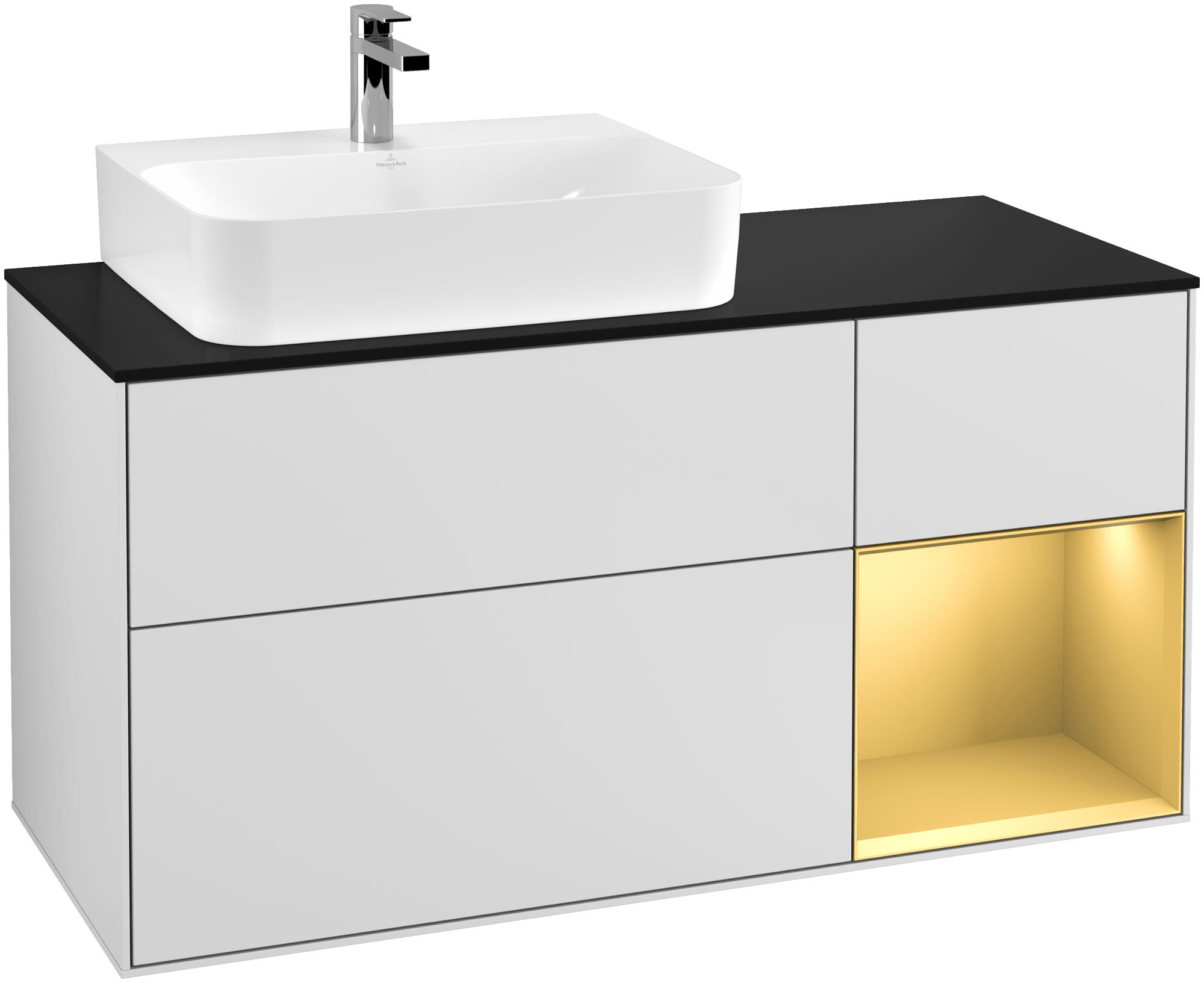 Bild von VILLEROY BOCH Finion Waschbeckenunterschrank, mit Beleuchtung, 3 Auszüge, 1200 x 603 x 501 mm, White Matt Lacquer / Gold Matt Lacquer / Glass Black Matt #G152HFMT