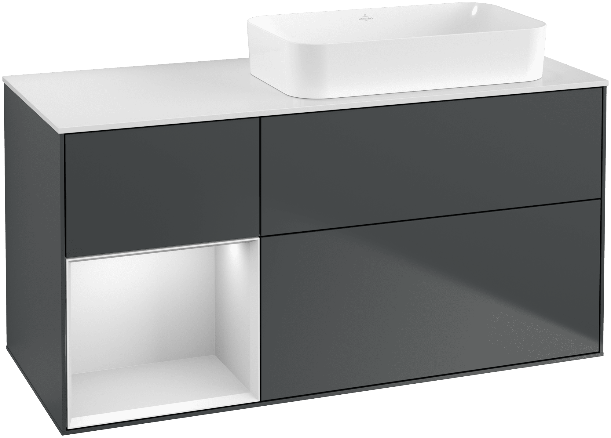 Bild von VILLEROY BOCH Finion Waschbeckenunterschrank, mit Beleuchtung, 3 Auszüge, 1200 x 603 x 501 mm, Midnight Blue Matt Lacquer / White Matt Lacquer / Glass White Matt #G681MTHG