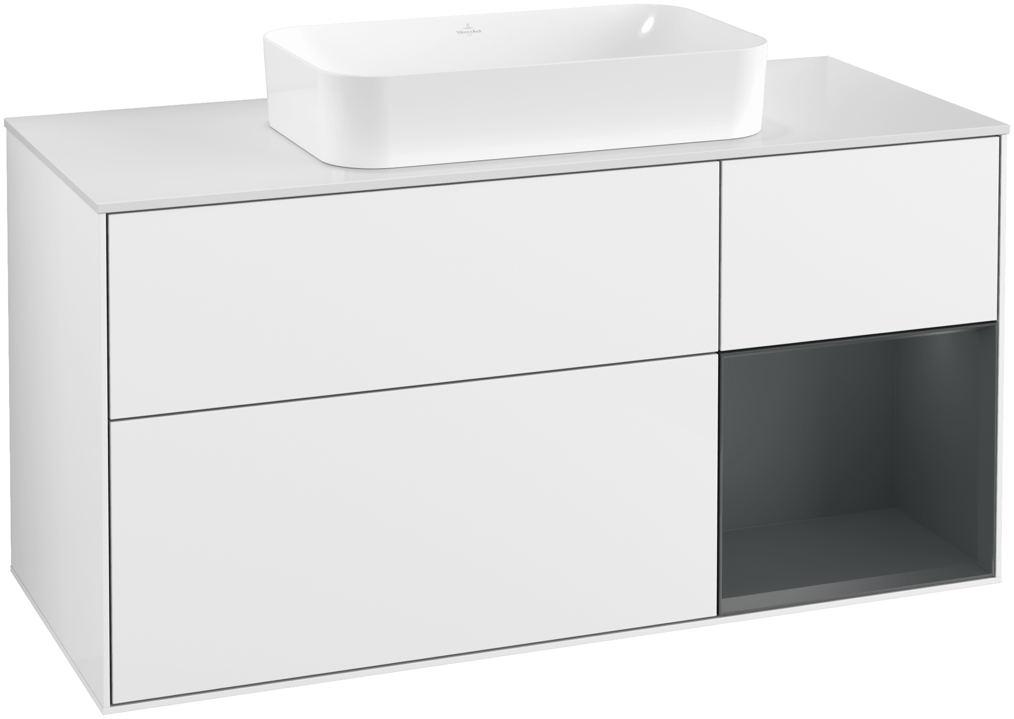 Bild von VILLEROY BOCH Finion Waschbeckenunterschrank, mit Beleuchtung, 3 Auszüge, 1200 x 603 x 501 mm, Glossy White Lacquer / Midnight Blue Matt Lacquer / Glass White Matt #G711HGGF