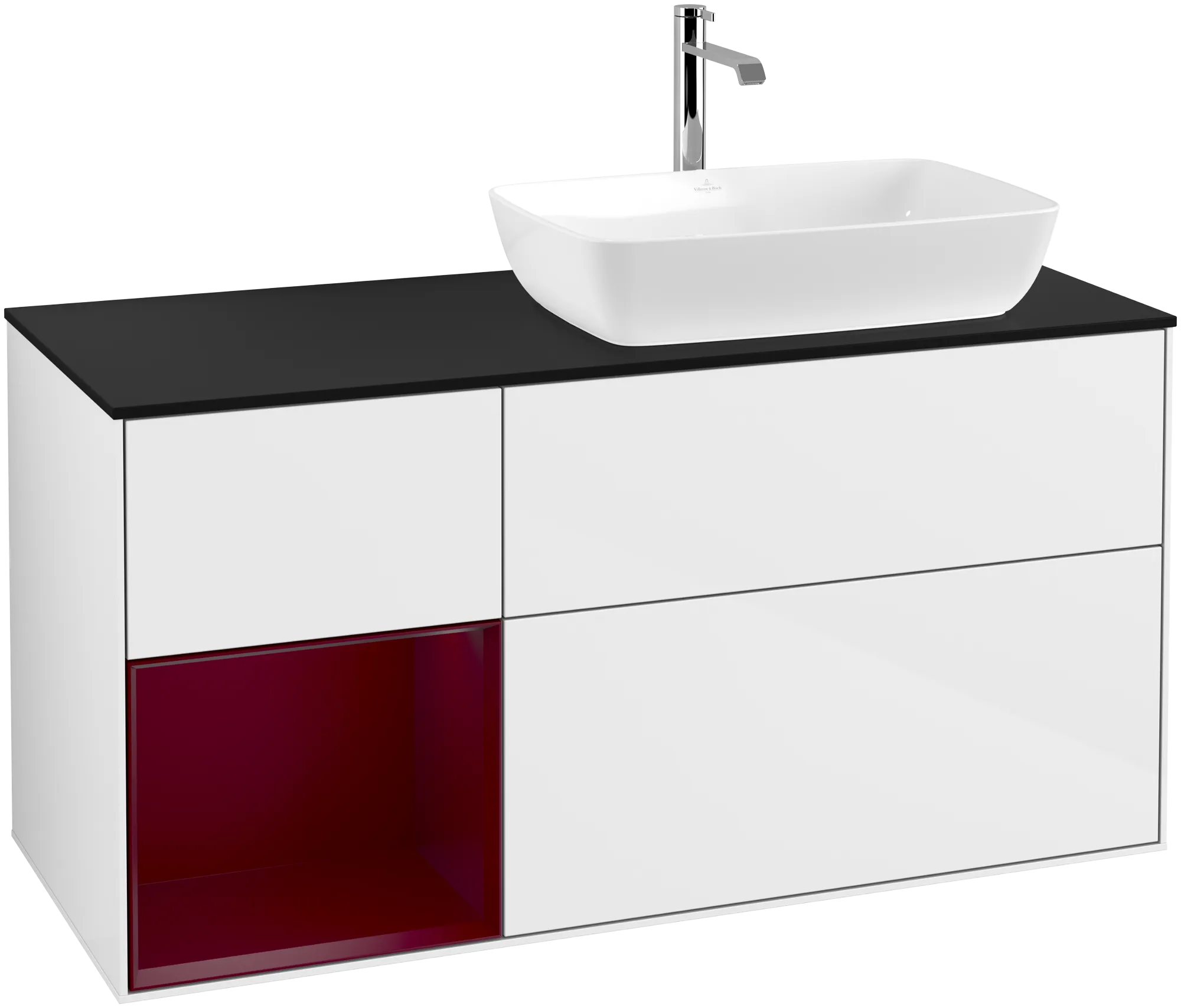 Bild von VILLEROY BOCH Finion Waschbeckenunterschrank, mit Beleuchtung, 3 Auszüge, 1200 x 603 x 501 mm, Glossy White Lacquer / Peony Matt Lacquer / Glass Black Matt #G802HBGF