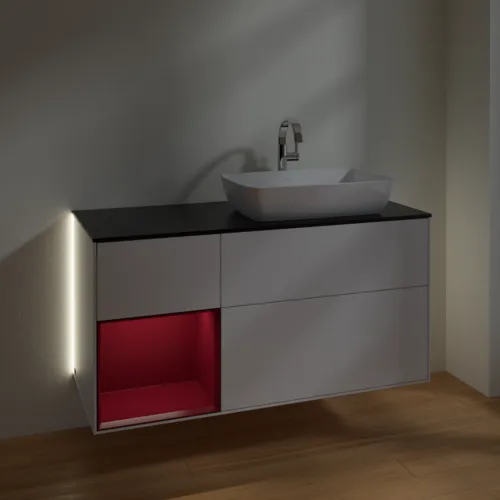 Bild von VILLEROY BOCH Finion Waschbeckenunterschrank, mit Beleuchtung, 3 Auszüge, 1200 x 603 x 501 mm, Glossy White Lacquer / Peony Matt Lacquer / Glass Black Matt #G802HBGF