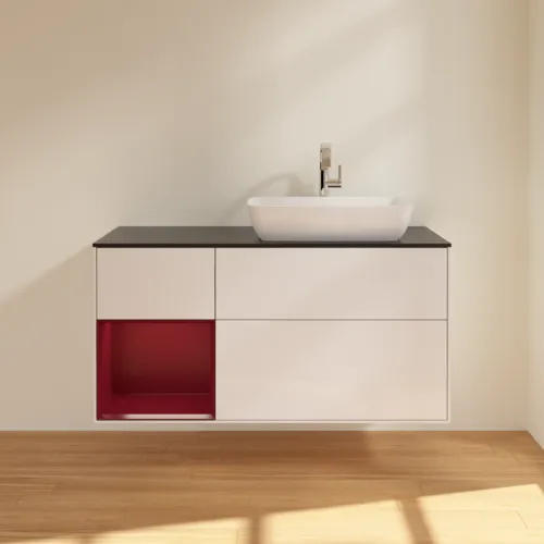 Bild von VILLEROY BOCH Finion Waschbeckenunterschrank, mit Beleuchtung, 3 Auszüge, 1200 x 603 x 501 mm, Glossy White Lacquer / Peony Matt Lacquer / Glass Black Matt #G802HBGF