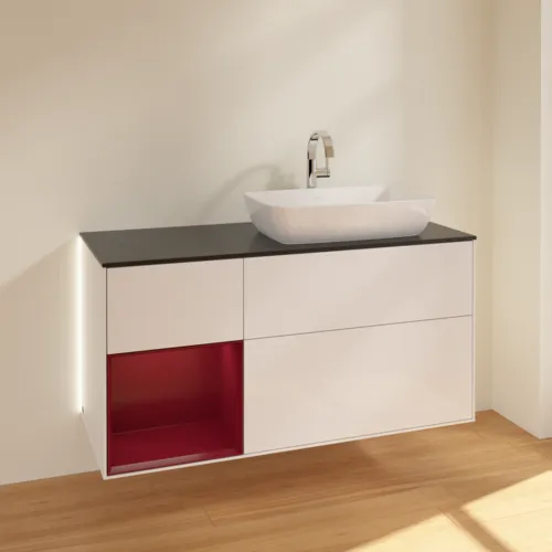 Bild von VILLEROY BOCH Finion Waschbeckenunterschrank, mit Beleuchtung, 3 Auszüge, 1200 x 603 x 501 mm, Glossy White Lacquer / Peony Matt Lacquer / Glass Black Matt #G802HBGF