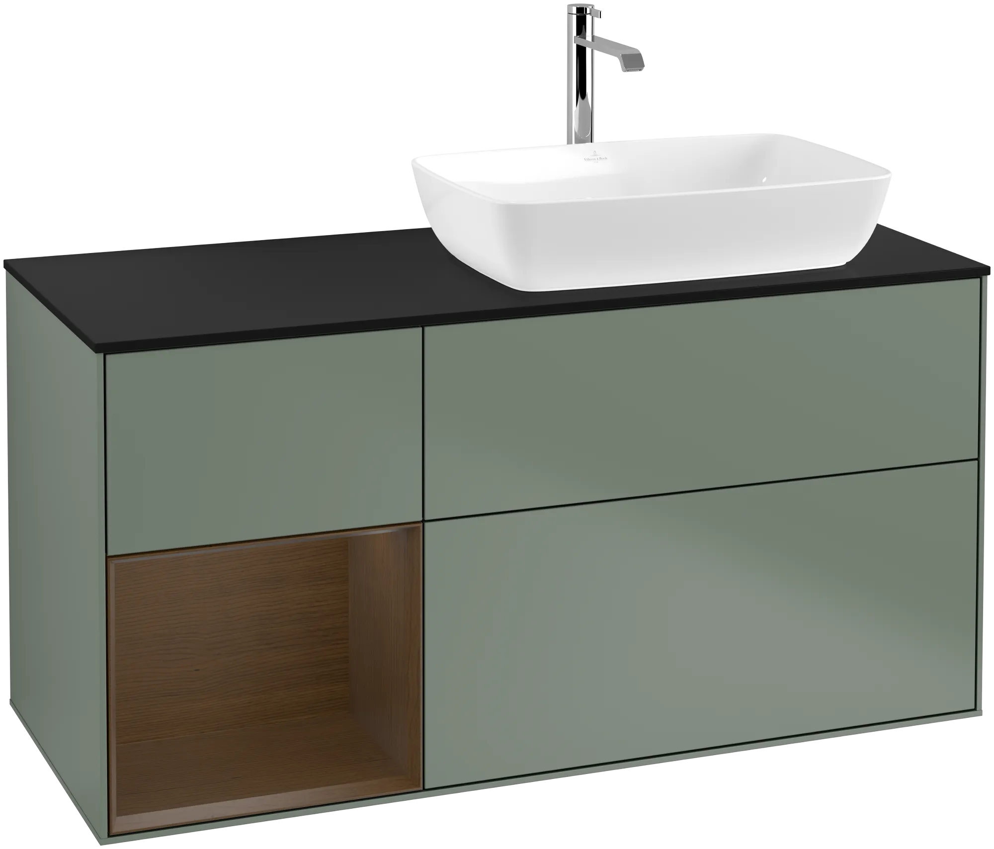 Bild von VILLEROY BOCH Finion Waschbeckenunterschrank, mit Beleuchtung, 3 Auszüge, 1200 x 603 x 501 mm, Olive Matt Lacquer / Walnut Veneer / Glass Black Matt #G802GNGM