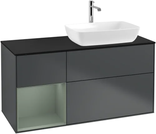 Obrázek VILLEROY BOCH Finion Vanity unit, with lighting, 3 pull-out compartments, 1200 x 603 x 501 mm, Midnight Blue Matt Lacquer / Olive Matt Lacquer / Glass Black Matt #G802GMHG