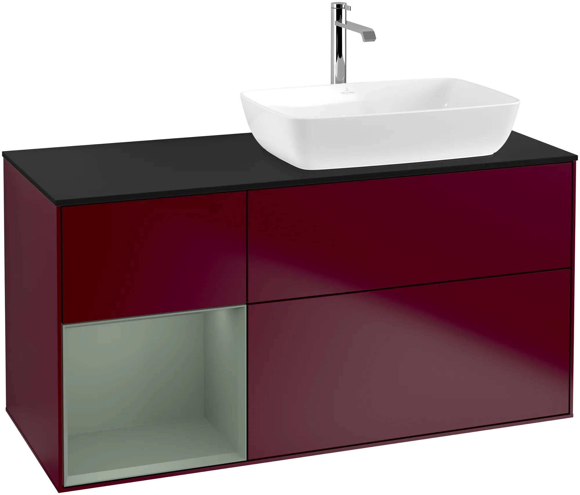 Bild von VILLEROY BOCH Finion Waschbeckenunterschrank, mit Beleuchtung, 3 Auszüge, 1200 x 603 x 501 mm, Peony Matt Lacquer / Olive Matt Lacquer / Glass Black Matt #G802GMHB