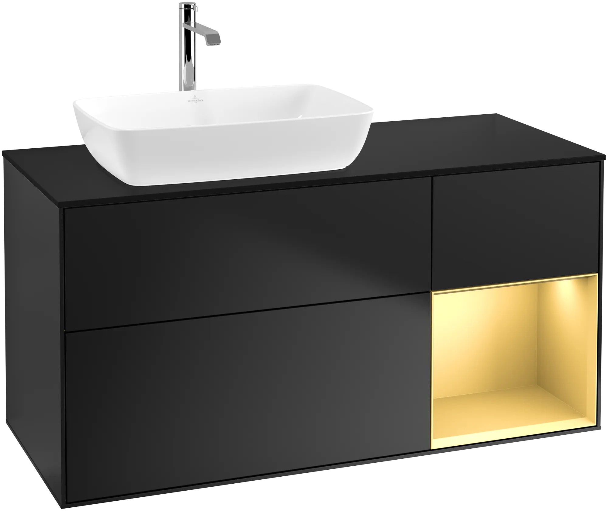 Bild von VILLEROY BOCH Finion Waschbeckenunterschrank, mit Beleuchtung, 3 Auszüge, 1200 x 603 x 501 mm, Black Matt Lacquer / Gold Matt Lacquer / Glass Black Matt #G812HFPD