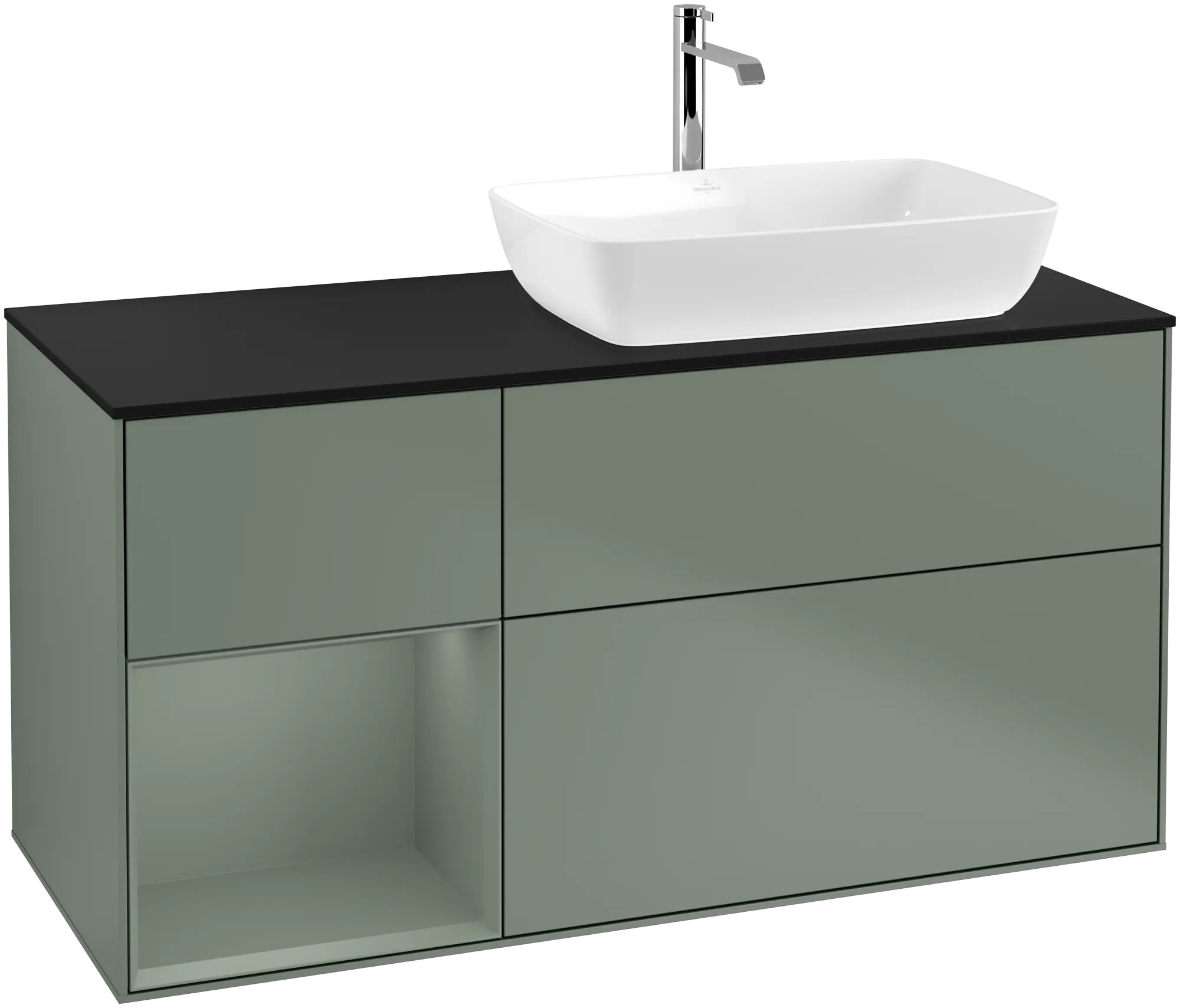 Bild von VILLEROY BOCH Finion Waschbeckenunterschrank, mit Beleuchtung, 3 Auszüge, 1200 x 603 x 501 mm, Olive Matt Lacquer / Olive Matt Lacquer / Glass Black Matt #G802GMGM