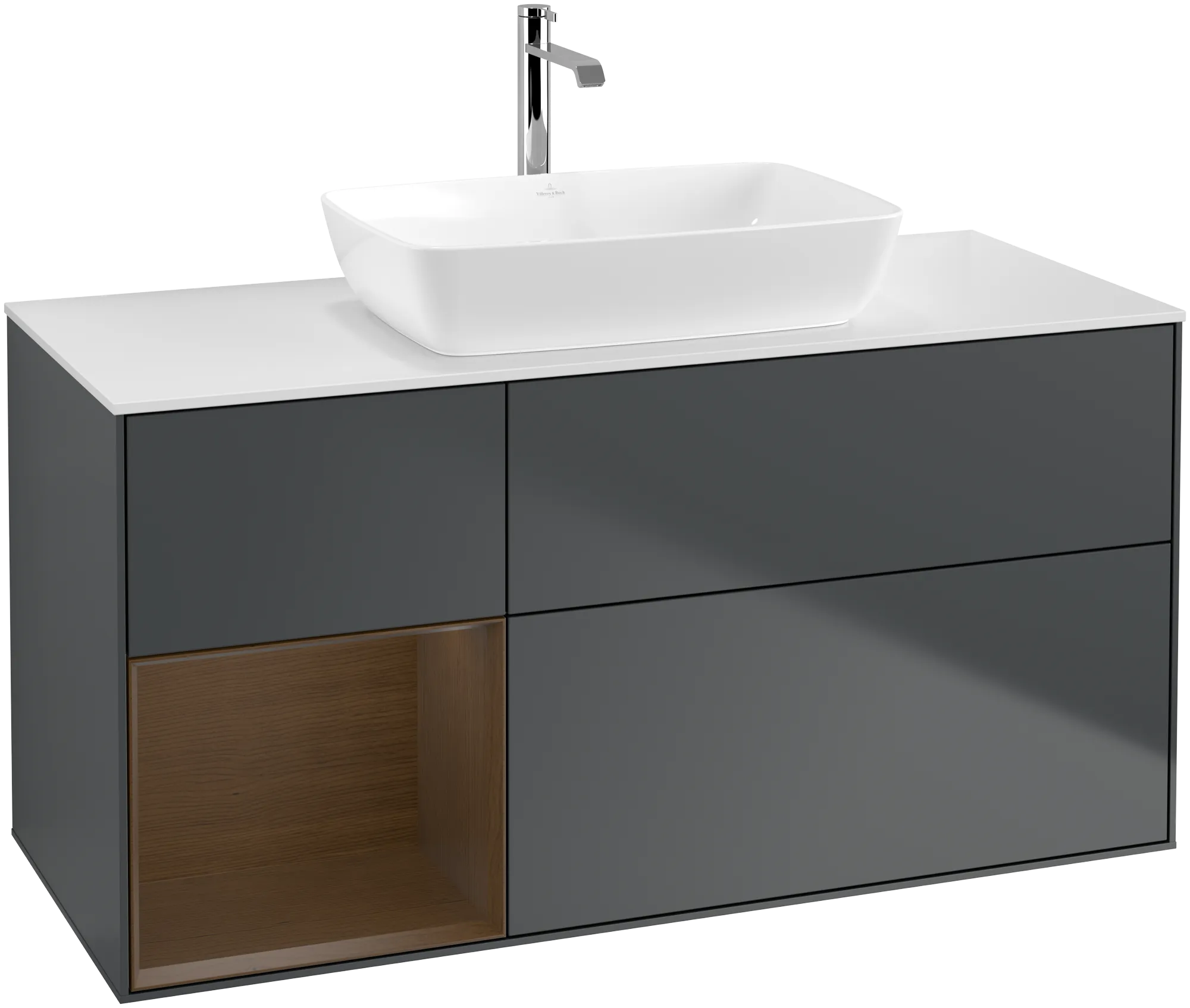 Bild von VILLEROY BOCH Finion Waschbeckenunterschrank, mit Beleuchtung, 3 Auszüge, 1200 x 603 x 501 mm, Midnight Blue Matt Lacquer / Walnut Veneer / Glass White Matt #G821GNHG