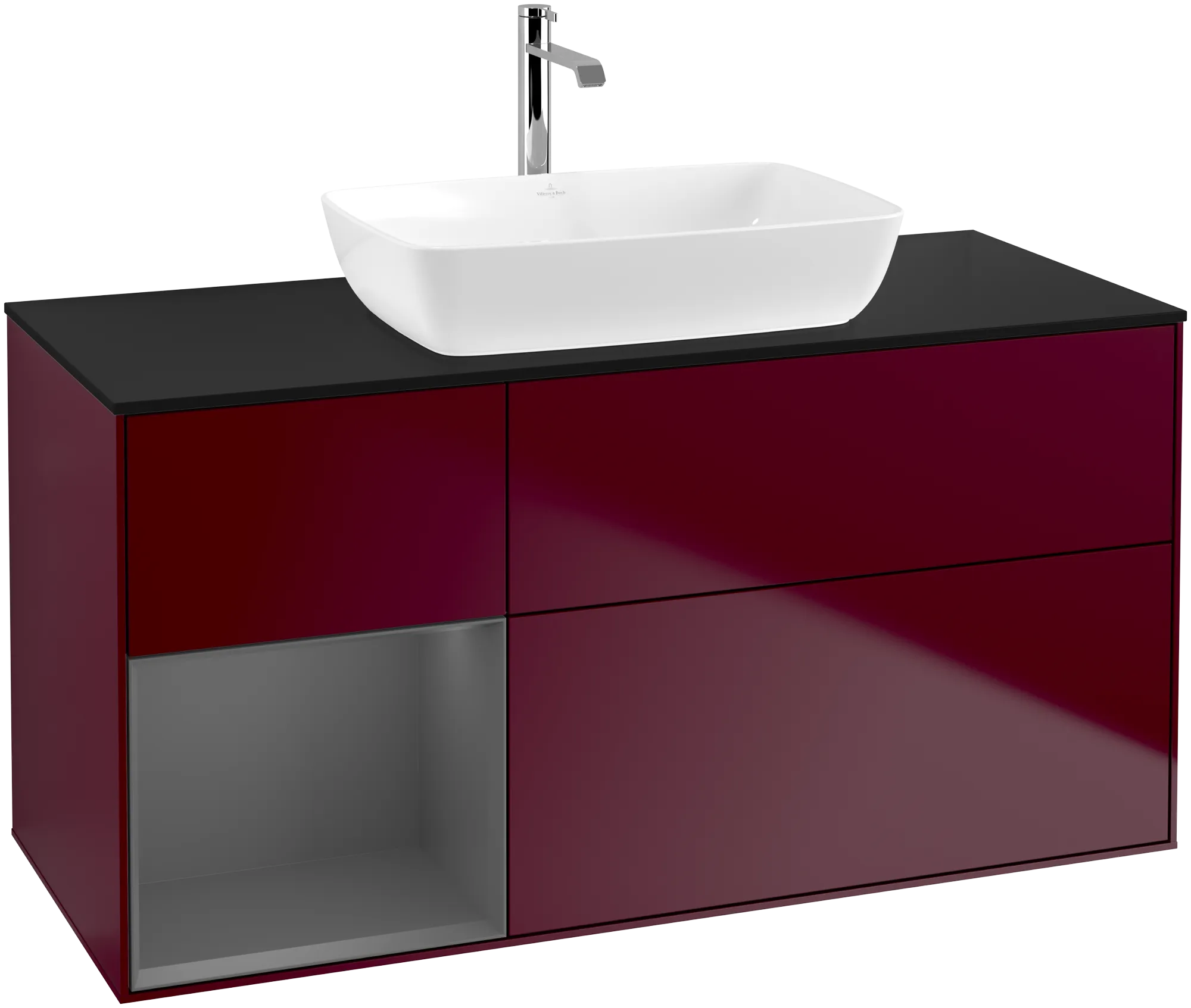Bild von VILLEROY BOCH Finion Waschbeckenunterschrank, mit Beleuchtung, 3 Auszüge, 1200 x 603 x 501 mm, Peony Matt Lacquer / Anthracite Matt Lacquer / Glass Black Matt #G822GKHB