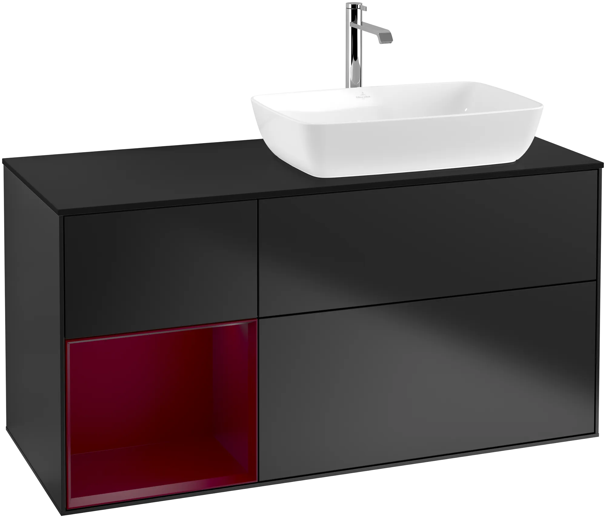 Bild von VILLEROY BOCH Finion Waschbeckenunterschrank, mit Beleuchtung, 3 Auszüge, 1200 x 603 x 501 mm, Black Matt Lacquer / Peony Matt Lacquer / Glass Black Matt #G802HBPD
