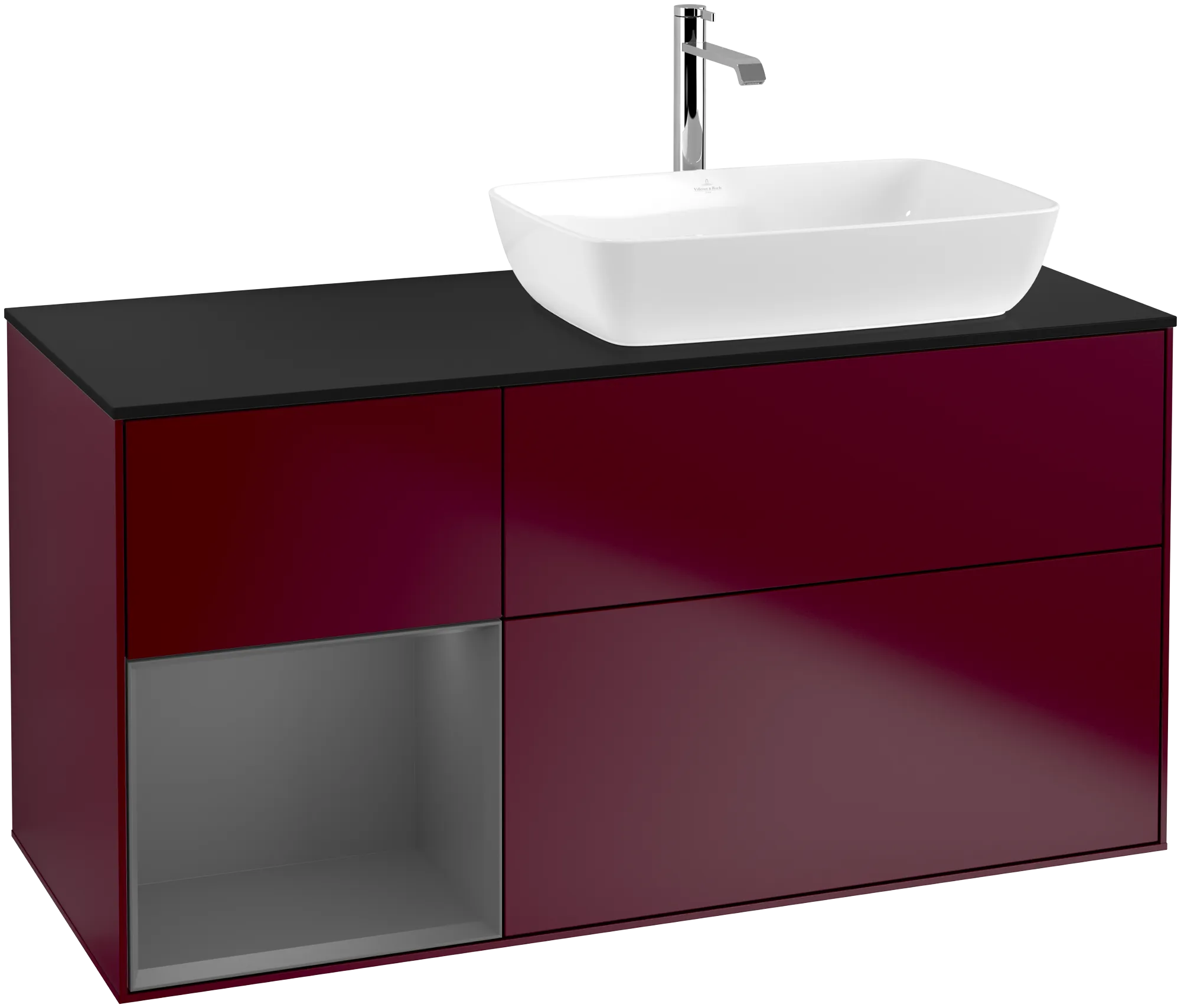 Bild von VILLEROY BOCH Finion Waschbeckenunterschrank, mit Beleuchtung, 3 Auszüge, 1200 x 603 x 501 mm, Peony Matt Lacquer / Anthracite Matt Lacquer / Glass Black Matt #G802GKHB