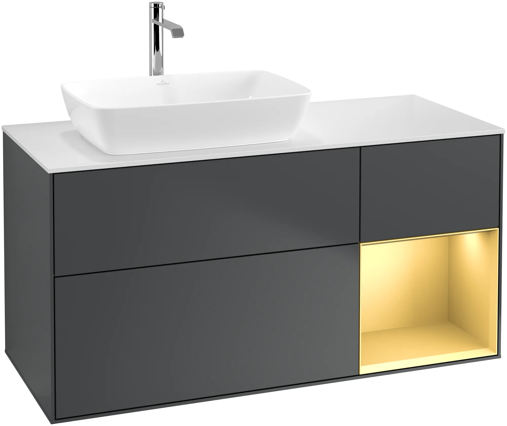 Bild von VILLEROY BOCH Finion Waschbeckenunterschrank, mit Beleuchtung, 3 Auszüge, 1200 x 603 x 501 mm, Midnight Blue Matt Lacquer / Gold Matt Lacquer / Glass White Matt #G811HFHG