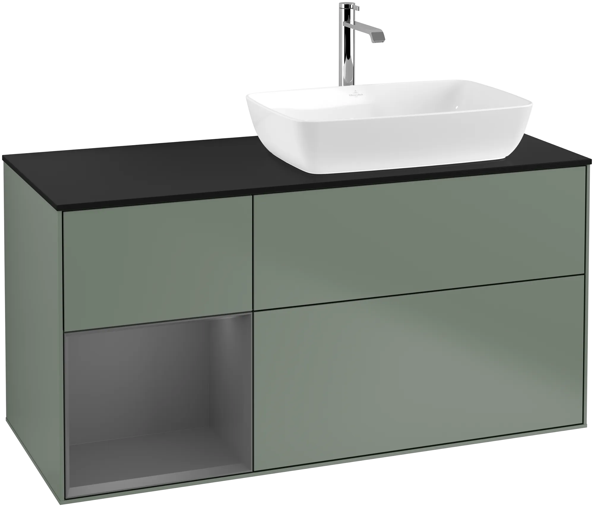Bild von VILLEROY BOCH Finion Waschbeckenunterschrank, mit Beleuchtung, 3 Auszüge, 1200 x 603 x 501 mm, Olive Matt Lacquer / Anthracite Matt Lacquer / Glass Black Matt #G802GKGM