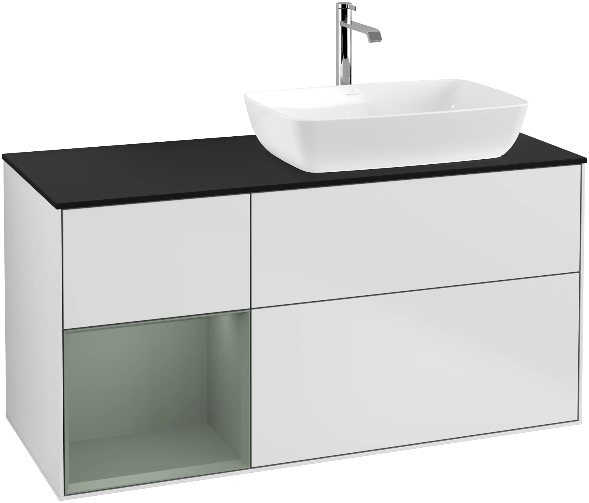 Bild von VILLEROY BOCH Finion Waschbeckenunterschrank, mit Beleuchtung, 3 Auszüge, 1200 x 603 x 501 mm, White Matt Lacquer / Olive Matt Lacquer / Glass Black Matt #G802GMMT