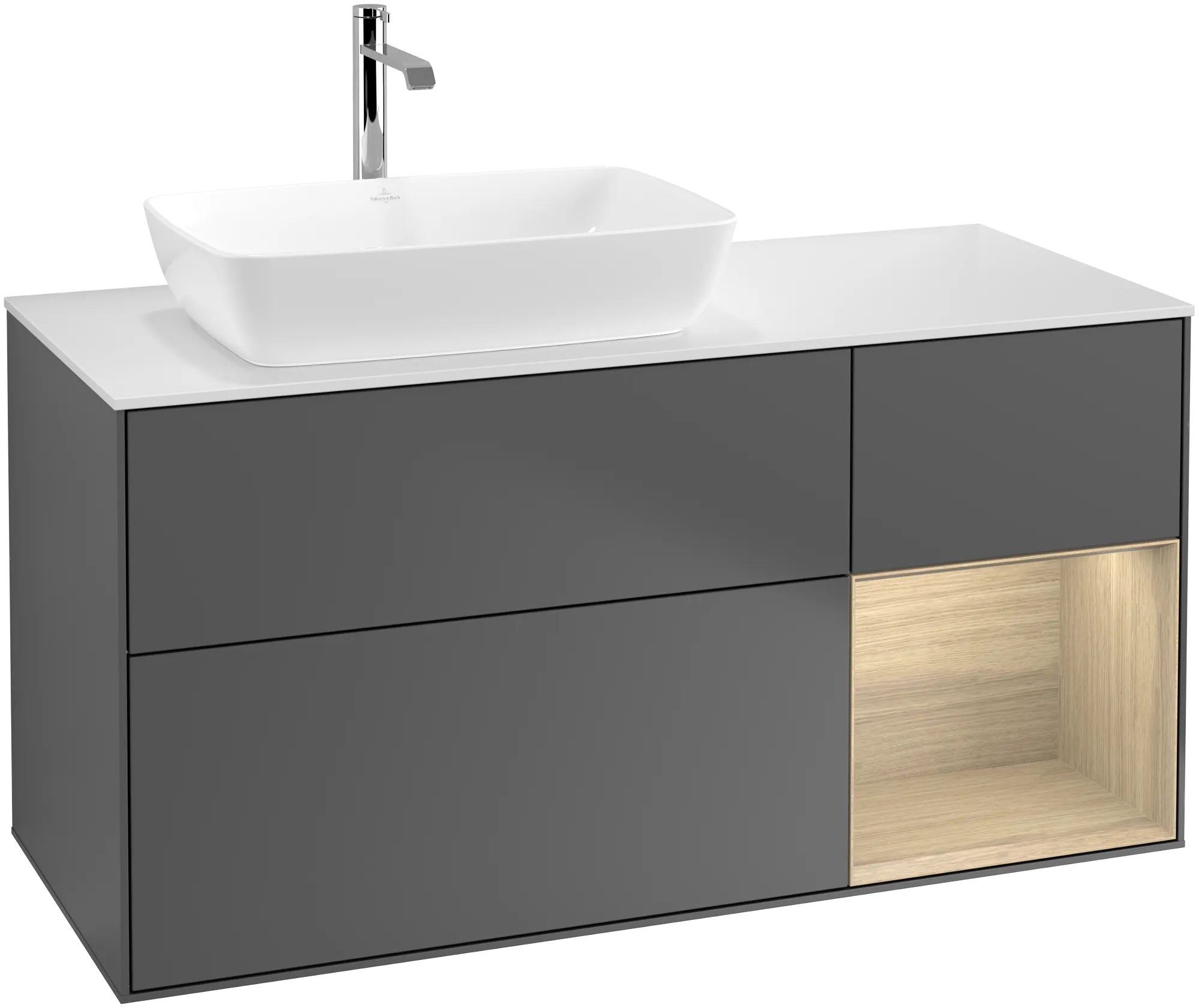 Bild von VILLEROY BOCH Finion Waschbeckenunterschrank, mit Beleuchtung, 3 Auszüge, 1200 x 603 x 501 mm, Anthracite Matt Lacquer / Oak Veneer / Glass White Matt #G811PCGK