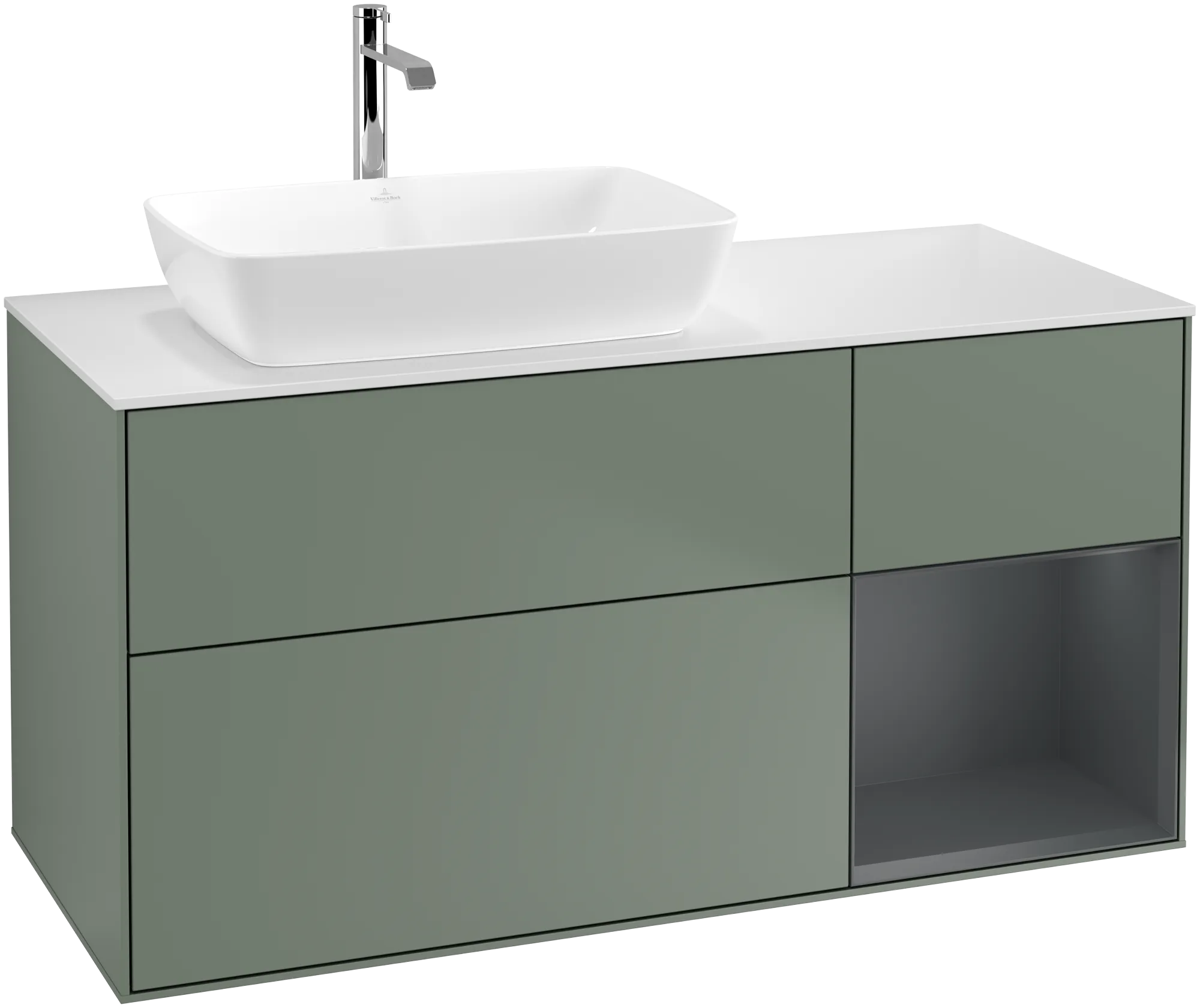 Bild von VILLEROY BOCH Finion Waschbeckenunterschrank, mit Beleuchtung, 3 Auszüge, 1200 x 603 x 501 mm, Olive Matt Lacquer / Midnight Blue Matt Lacquer / Glass White Matt #G811HGGM