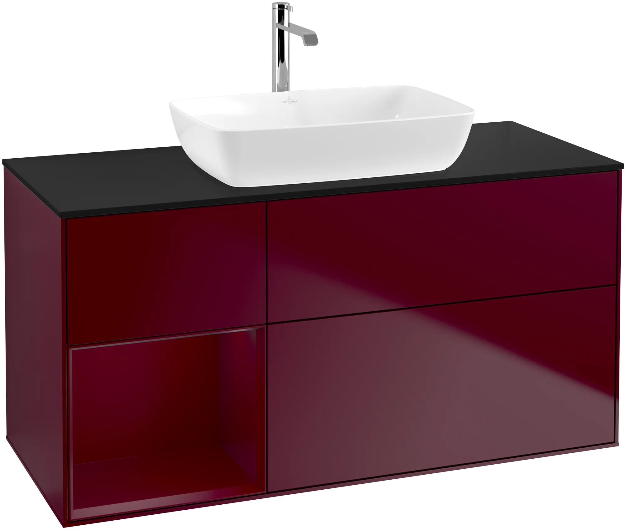 Bild von VILLEROY BOCH Finion Waschbeckenunterschrank, mit Beleuchtung, 3 Auszüge, 1200 x 603 x 501 mm, Peony Matt Lacquer / Peony Matt Lacquer / Glass Black Matt #G822HBHB
