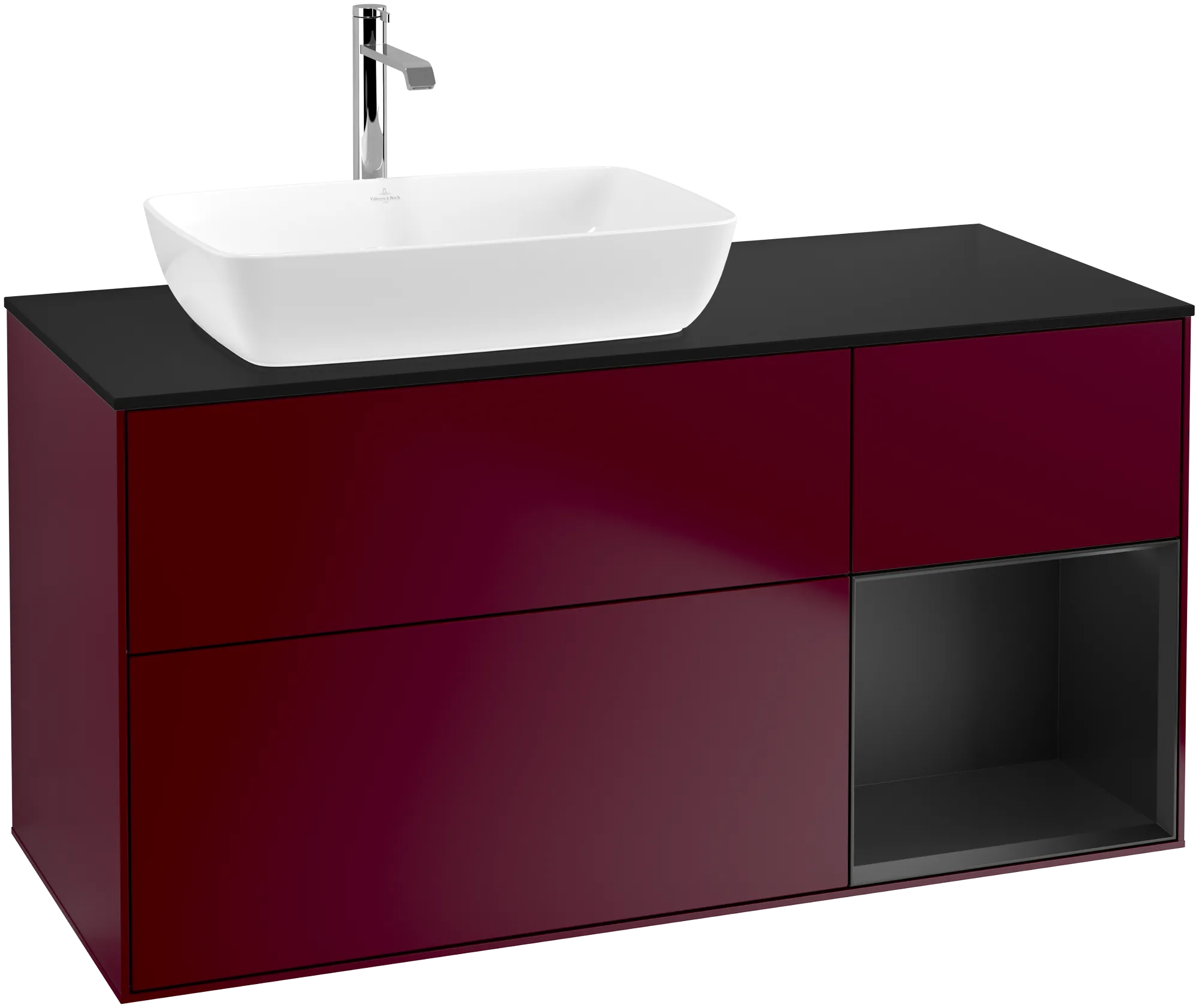 Bild von VILLEROY BOCH Finion Waschbeckenunterschrank, mit Beleuchtung, 3 Auszüge, 1200 x 603 x 501 mm, Peony Matt Lacquer / Black Matt Lacquer / Glass Black Matt #G812PDHB