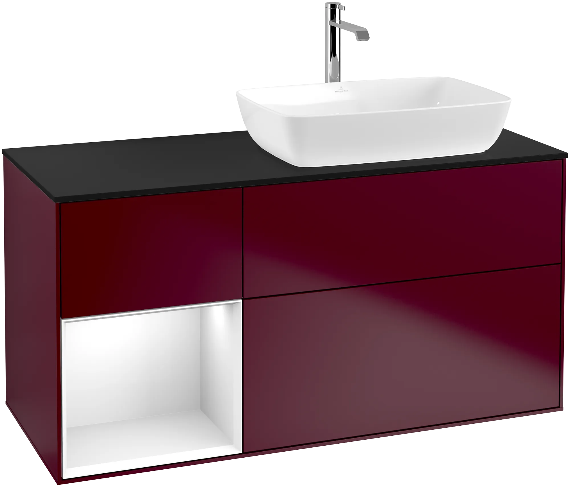 Bild von VILLEROY BOCH Finion Waschbeckenunterschrank, mit Beleuchtung, 3 Auszüge, 1200 x 603 x 501 mm, Peony Matt Lacquer / Glossy White Lacquer / Glass Black Matt #G802GFHB