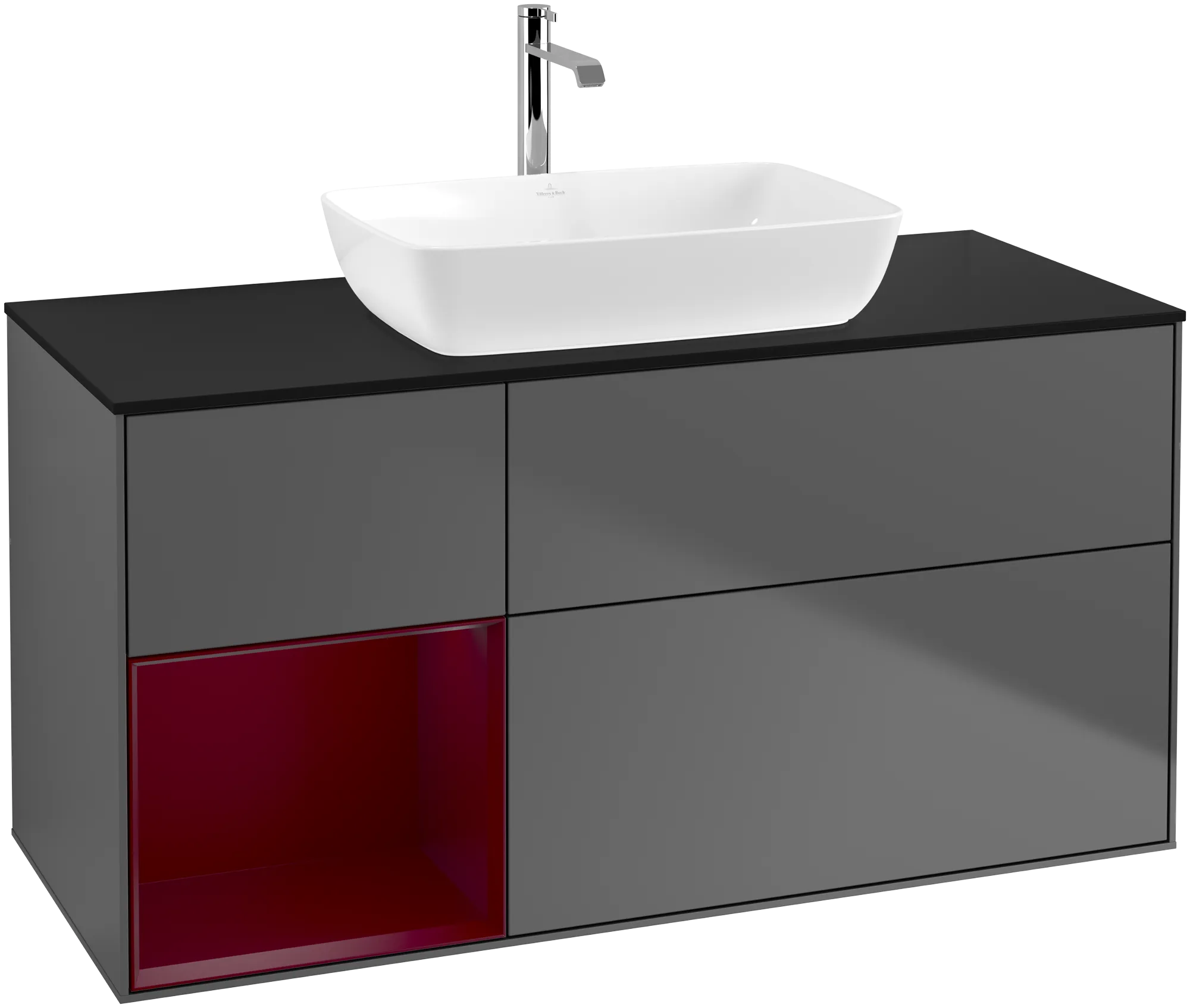 Bild von VILLEROY BOCH Finion Waschbeckenunterschrank, mit Beleuchtung, 3 Auszüge, 1200 x 603 x 501 mm, Anthracite Matt Lacquer / Peony Matt Lacquer / Glass Black Matt #G822HBGK