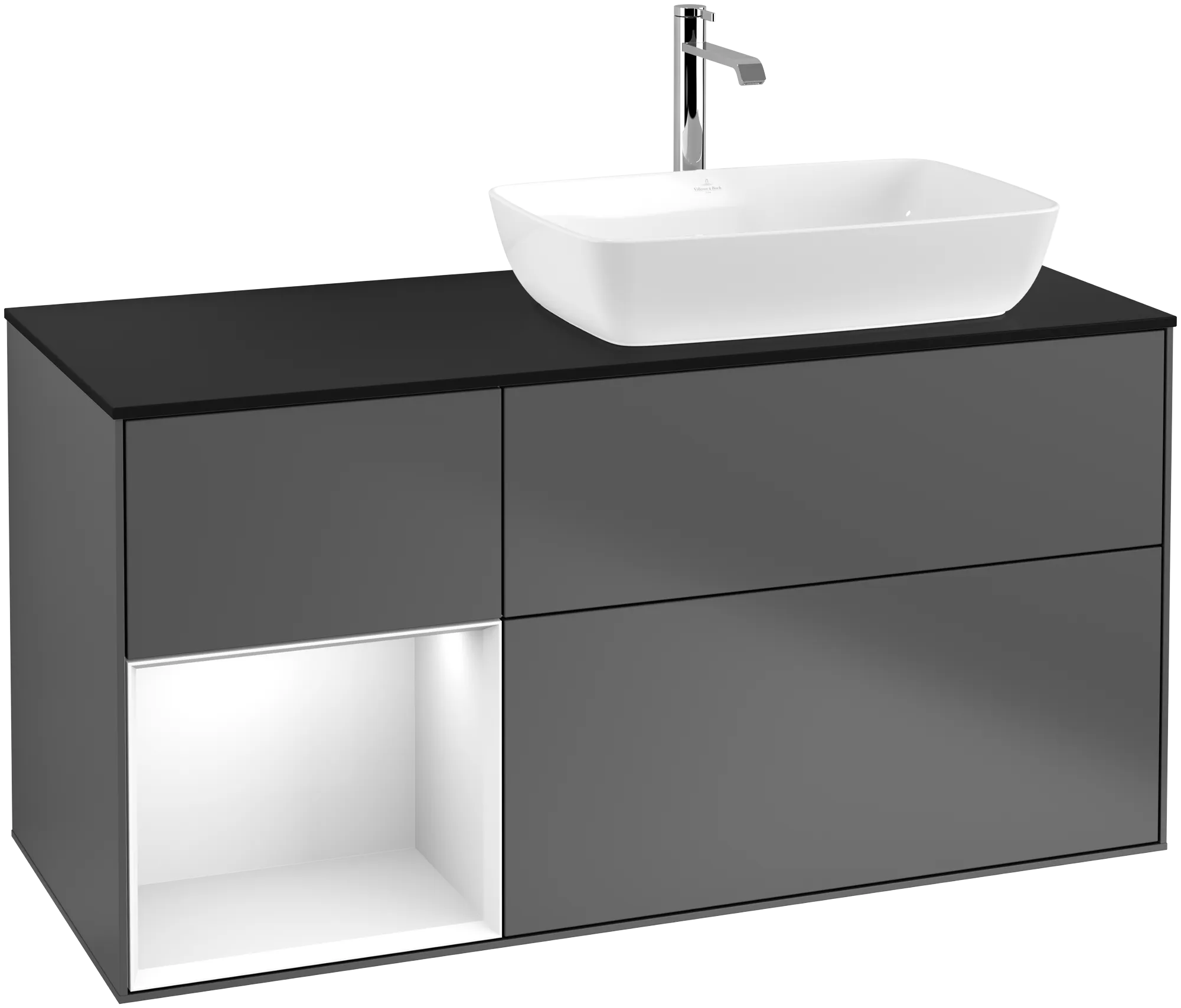 Obrázek VILLEROY BOCH Finion Vanity unit, with lighting, 3 pull-out compartments, 1200 x 603 x 501 mm, Anthracite Matt Lacquer / Glossy White Lacquer / Glass Black Matt #G802GFGK