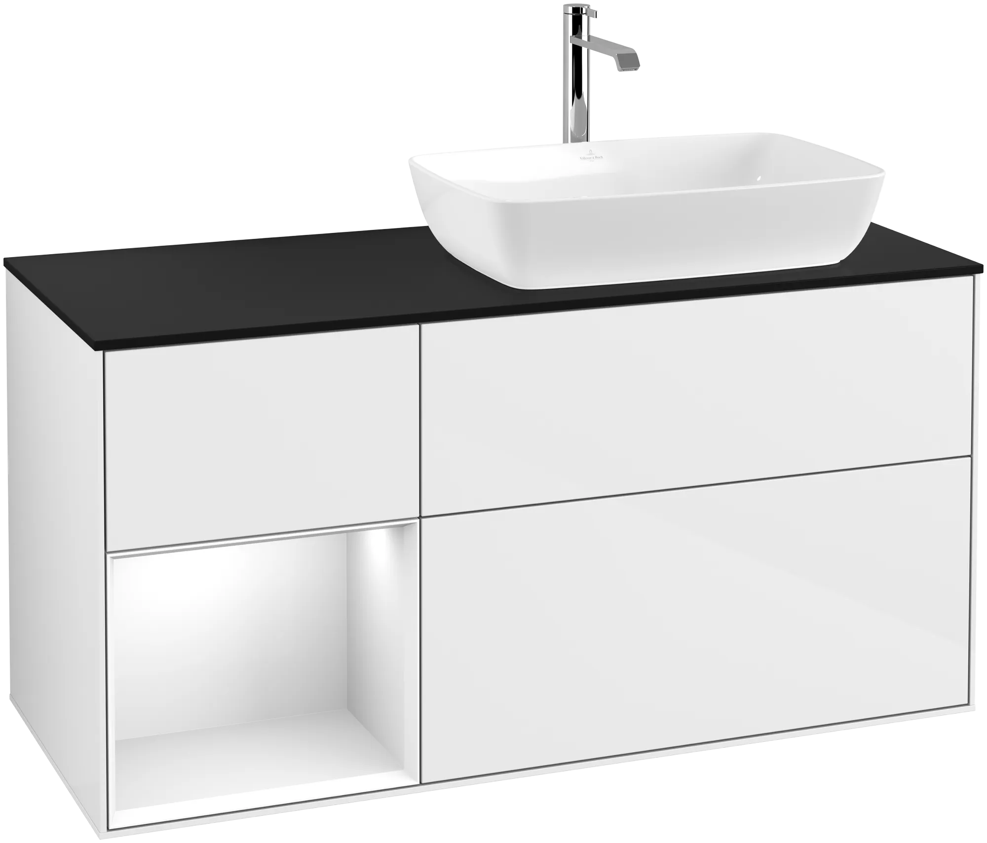 Bild von VILLEROY BOCH Finion Waschbeckenunterschrank, mit Beleuchtung, 3 Auszüge, 1200 x 603 x 501 mm, Glossy White Lacquer / Glossy White Lacquer / Glass Black Matt #G802GFGF