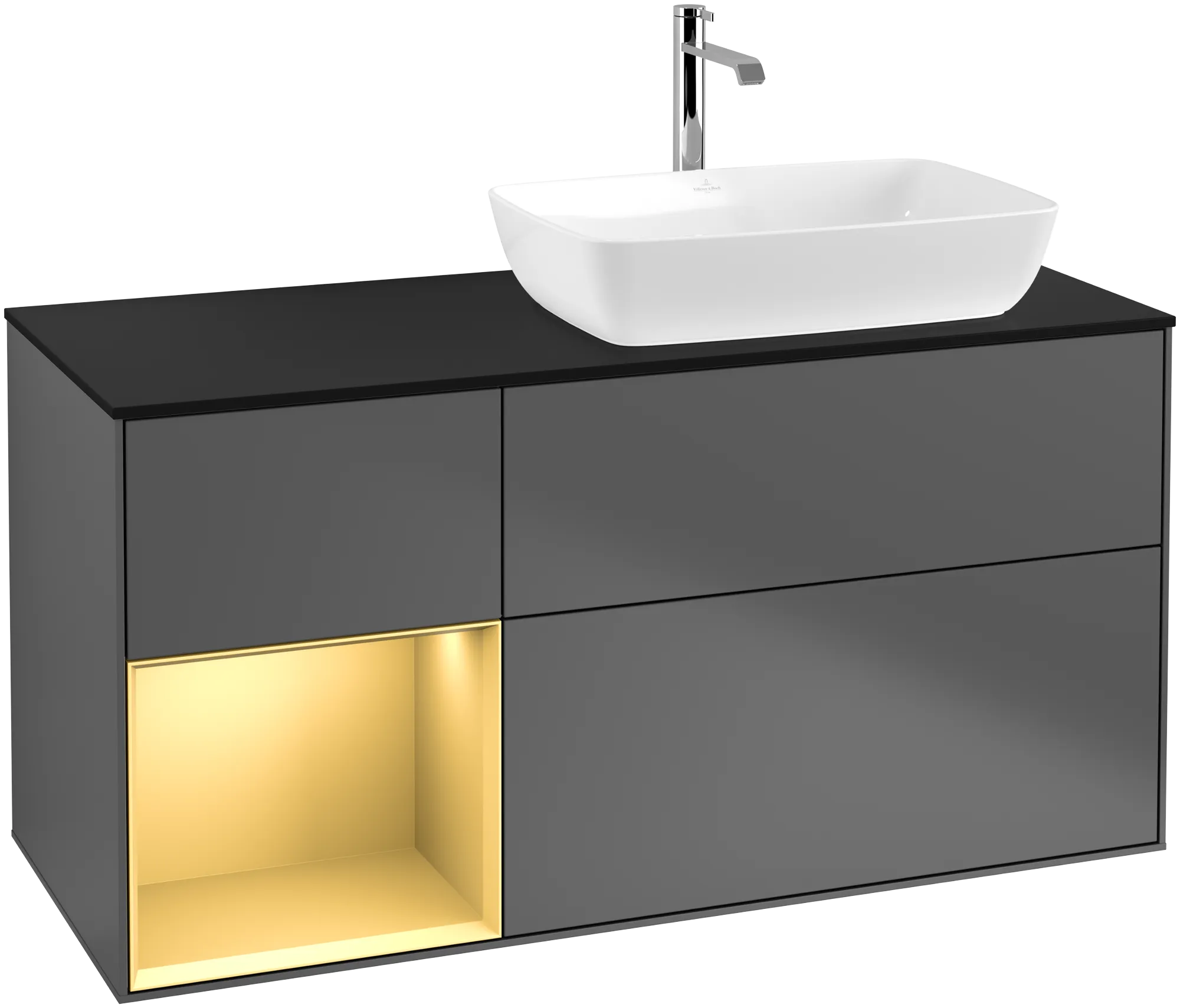 Bild von VILLEROY BOCH Finion Waschbeckenunterschrank, mit Beleuchtung, 3 Auszüge, 1200 x 603 x 501 mm, Anthracite Matt Lacquer / Gold Matt Lacquer / Glass Black Matt #G802HFGK