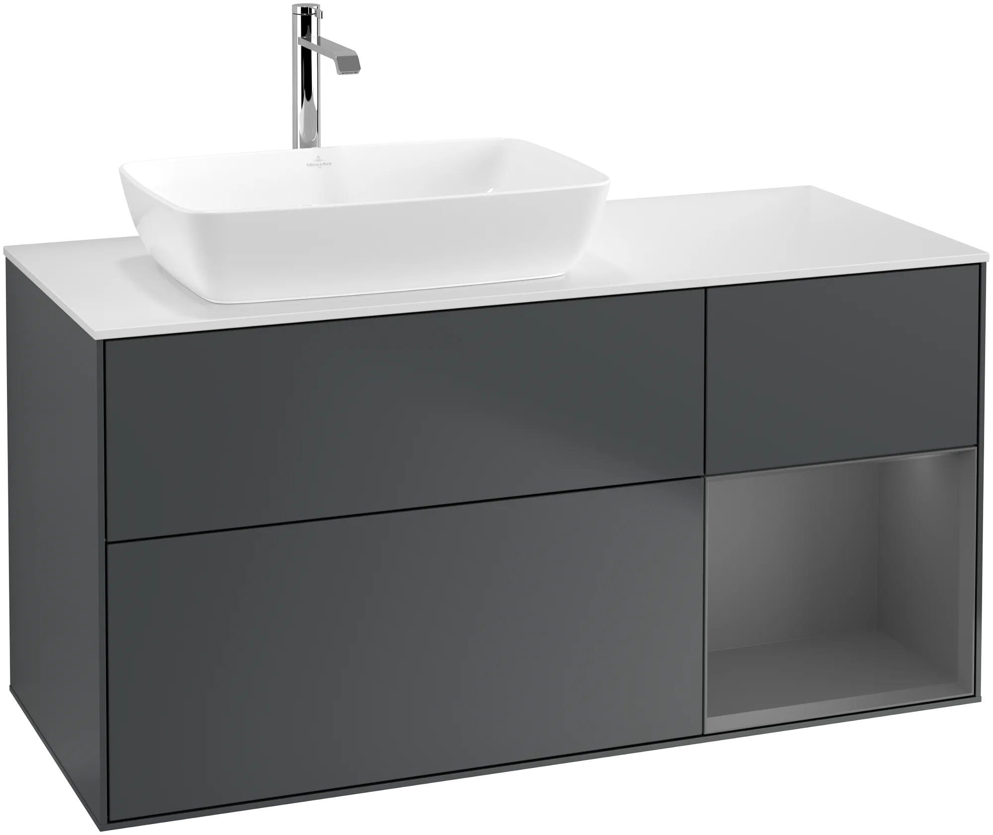 Bild von VILLEROY BOCH Finion Waschbeckenunterschrank, mit Beleuchtung, 3 Auszüge, 1200 x 603 x 501 mm, Midnight Blue Matt Lacquer / Anthracite Matt Lacquer / Glass White Matt #G811GKHG