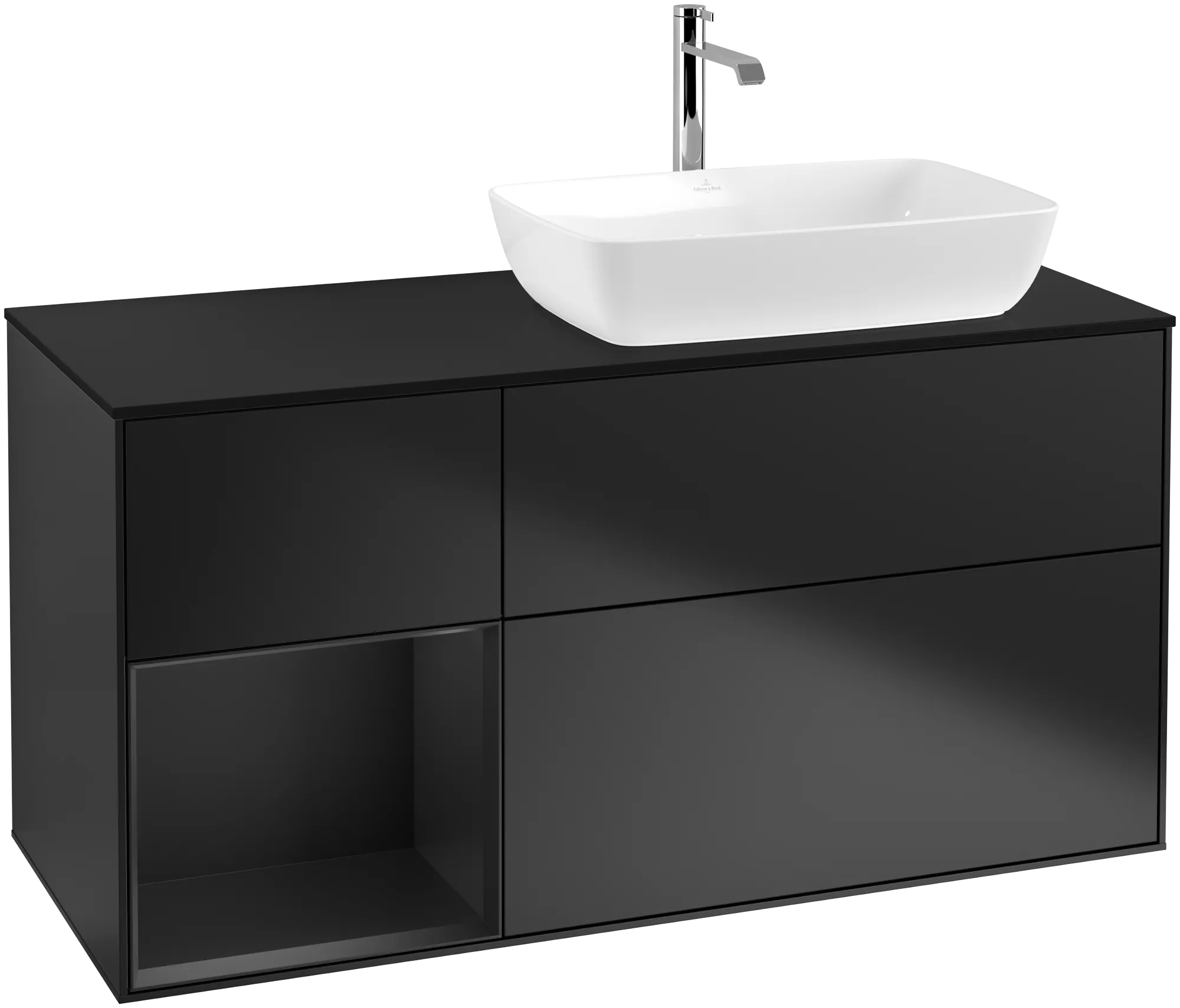 Bild von VILLEROY BOCH Finion Waschbeckenunterschrank, mit Beleuchtung, 3 Auszüge, 1200 x 603 x 501 mm, Black Matt Lacquer / Black Matt Lacquer / Glass Black Matt #G802PDPD