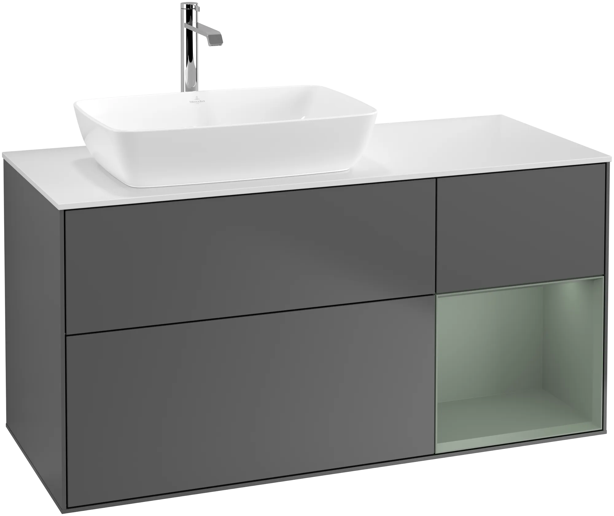 Bild von VILLEROY BOCH Finion Waschbeckenunterschrank, mit Beleuchtung, 3 Auszüge, 1200 x 603 x 501 mm, Anthracite Matt Lacquer / Olive Matt Lacquer / Glass White Matt #G811GMGK