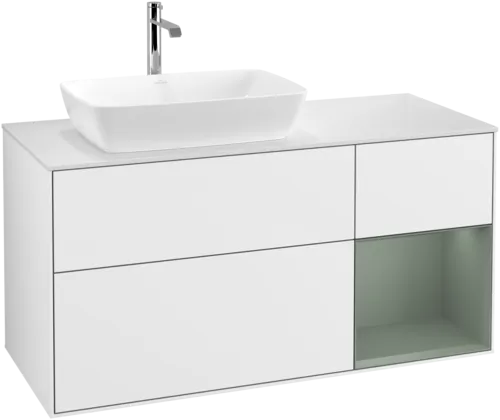 Bild von VILLEROY BOCH Finion Waschbeckenunterschrank, mit Beleuchtung, 3 Auszüge, 1200 x 603 x 501 mm, Glossy White Lacquer / Olive Matt Lacquer / Glass White Matt #G811GMGF