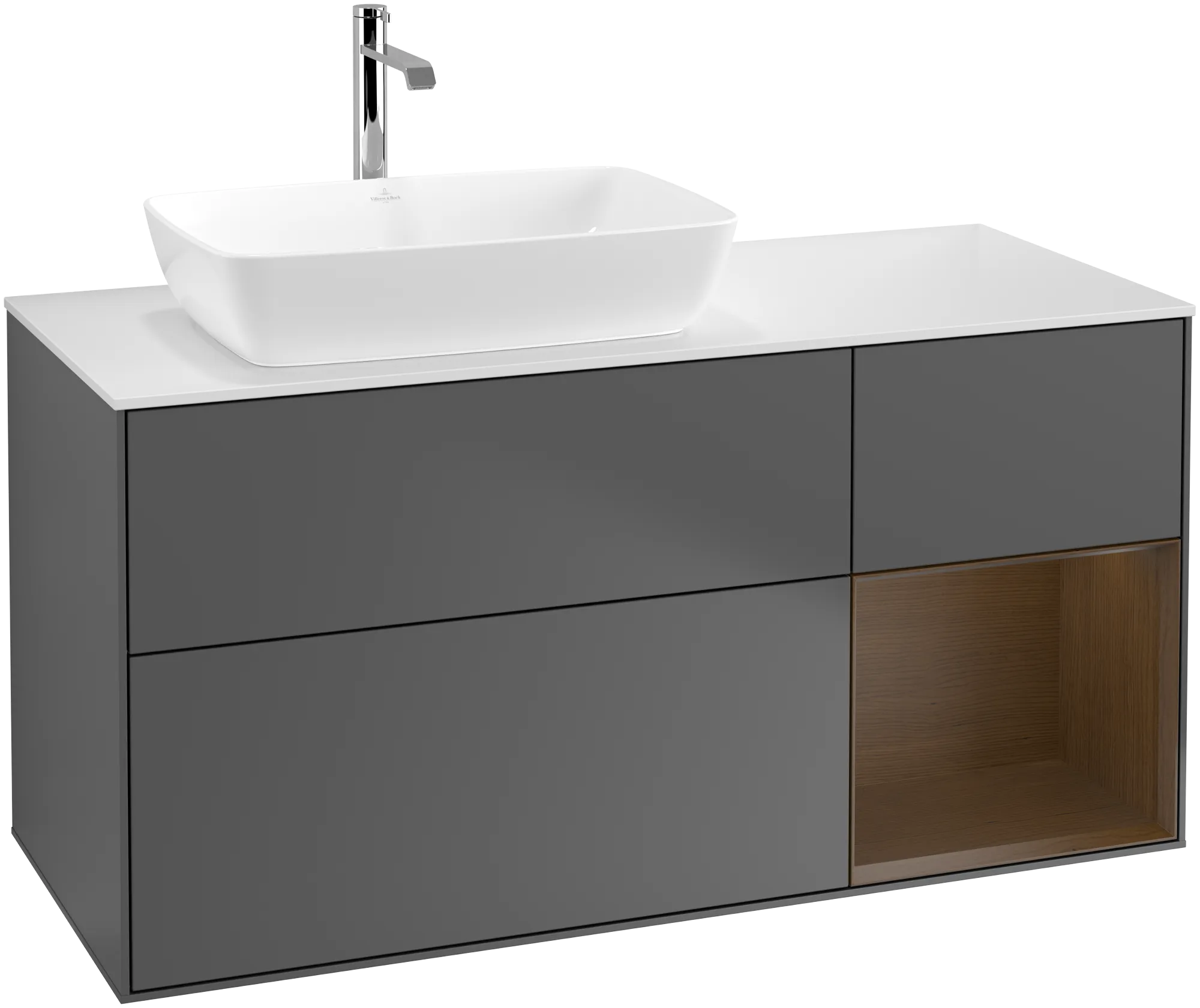 Bild von VILLEROY BOCH Finion Waschbeckenunterschrank, mit Beleuchtung, 3 Auszüge, 1200 x 603 x 501 mm, Anthracite Matt Lacquer / Walnut Veneer / Glass White Matt #G811GNGK