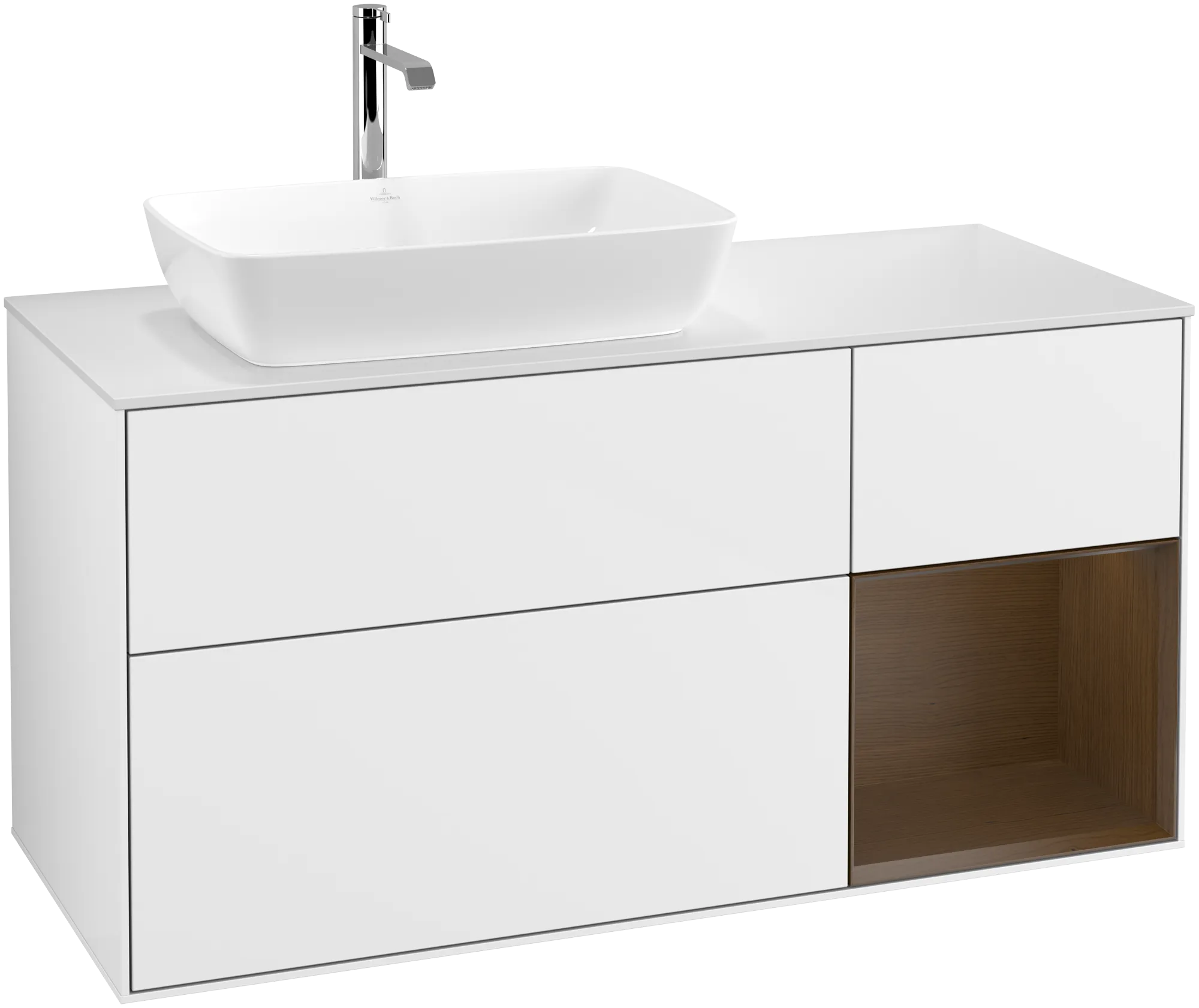 Bild von VILLEROY BOCH Finion Waschbeckenunterschrank, mit Beleuchtung, 3 Auszüge, 1200 x 603 x 501 mm, Glossy White Lacquer / Walnut Veneer / Glass White Matt #G811GNGF