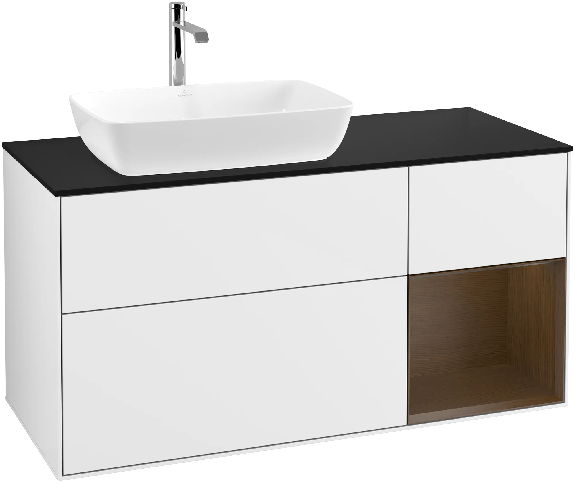Bild von VILLEROY BOCH Finion Waschbeckenunterschrank, mit Beleuchtung, 3 Auszüge, 1200 x 603 x 501 mm, Glossy White Lacquer / Walnut Veneer / Glass Black Matt #G812GNGF