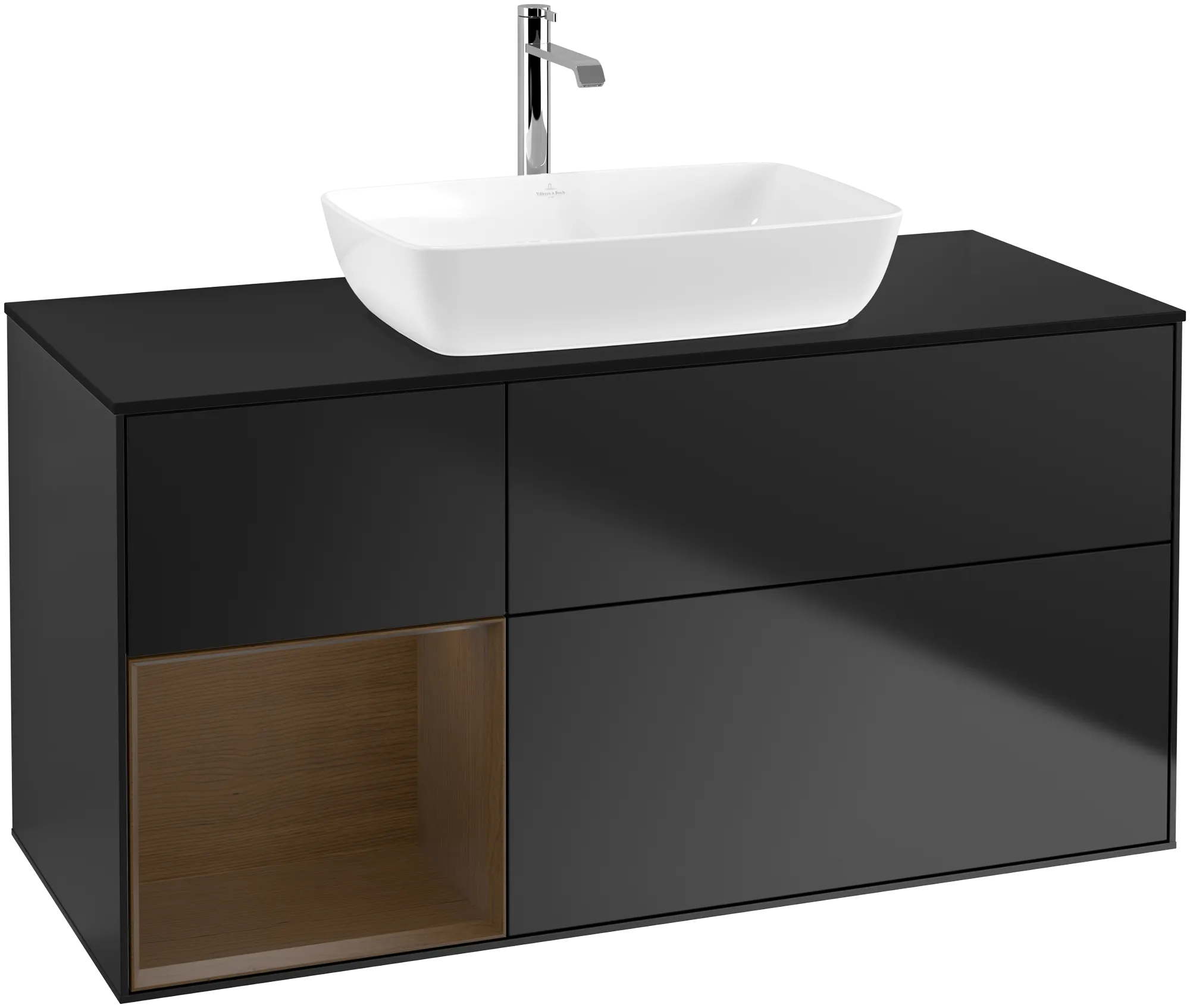 Bild von VILLEROY BOCH Finion Waschbeckenunterschrank, mit Beleuchtung, 3 Auszüge, 1200 x 603 x 501 mm, Black Matt Lacquer / Walnut Veneer / Glass Black Matt #G822GNPD