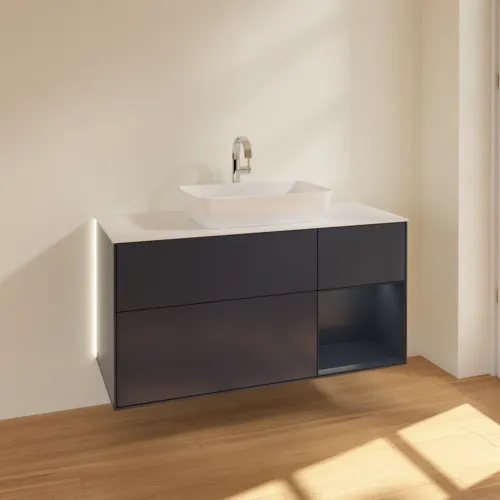 Bild von VILLEROY BOCH Finion Waschbeckenunterschrank, mit Beleuchtung, 3 Auszüge, 1200 x 603 x 501 mm, Midnight Blue Matt Lacquer / Midnight Blue Matt Lacquer / Glass White Matt #G831HGHG
