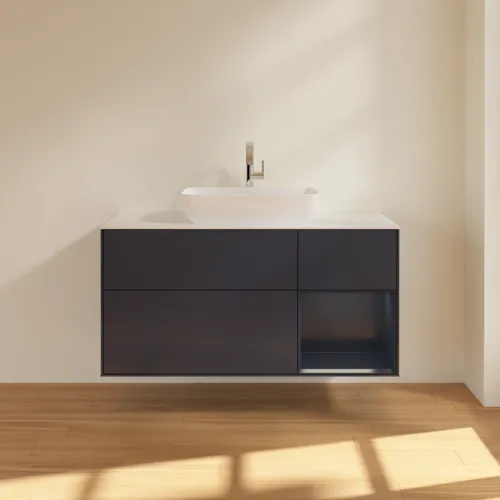 Bild von VILLEROY BOCH Finion Waschbeckenunterschrank, mit Beleuchtung, 3 Auszüge, 1200 x 603 x 501 mm, Midnight Blue Matt Lacquer / Midnight Blue Matt Lacquer / Glass White Matt #G831HGHG