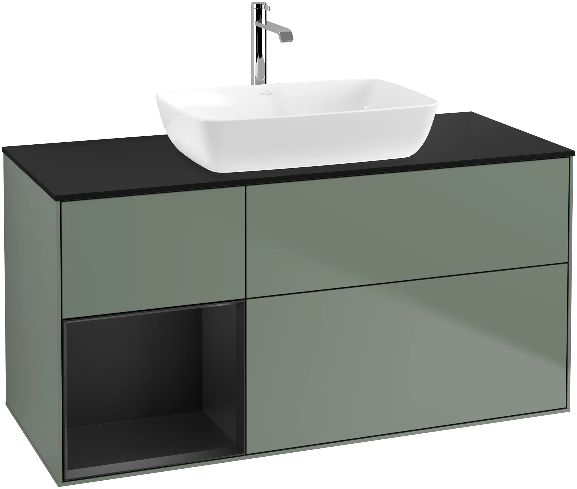 Bild von VILLEROY BOCH Finion Waschbeckenunterschrank, mit Beleuchtung, 3 Auszüge, 1200 x 603 x 501 mm, Olive Matt Lacquer / Black Matt Lacquer / Glass Black Matt #G822PDGM