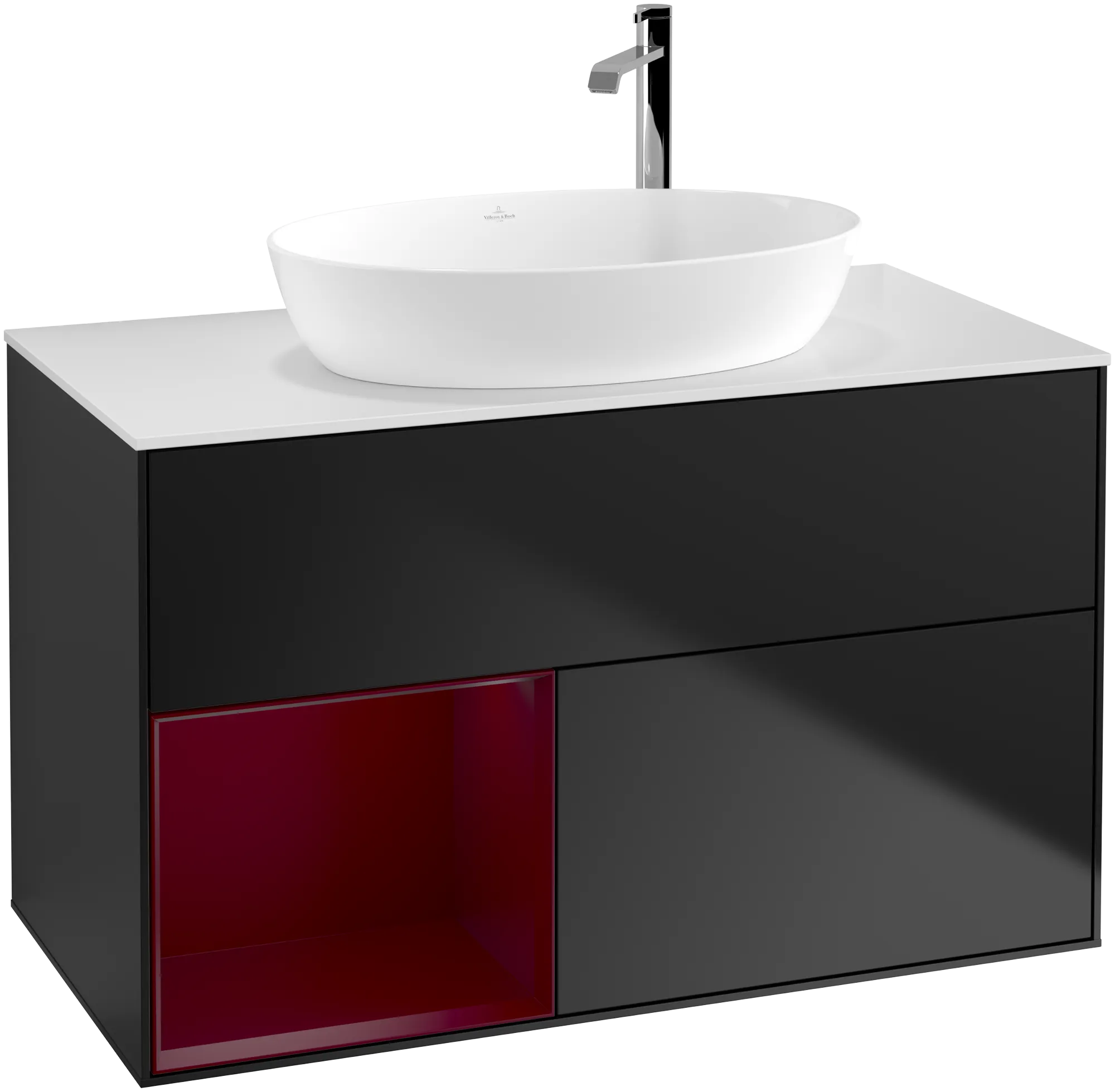 Bild von VILLEROY BOCH Finion Waschbeckenunterschrank, mit Beleuchtung, 2 Auszüge, 1000 x 603 x 501 mm, Black Matt Lacquer / Peony Matt Lacquer / Glass White Matt #G891HBPD